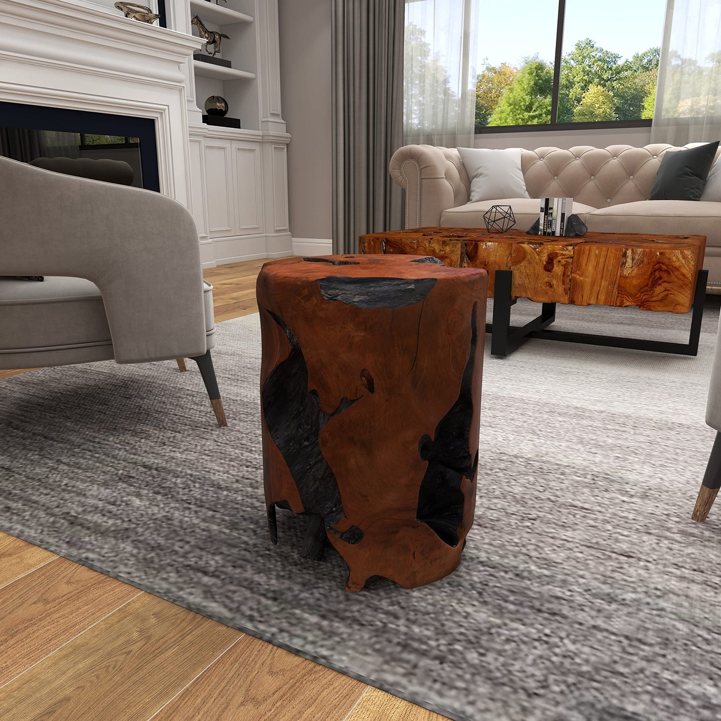 Deco 79 Teak Wood Handmade Live Edge Stump Accent Table with Charred Detailing, 14" x 14" x 18", Brown
