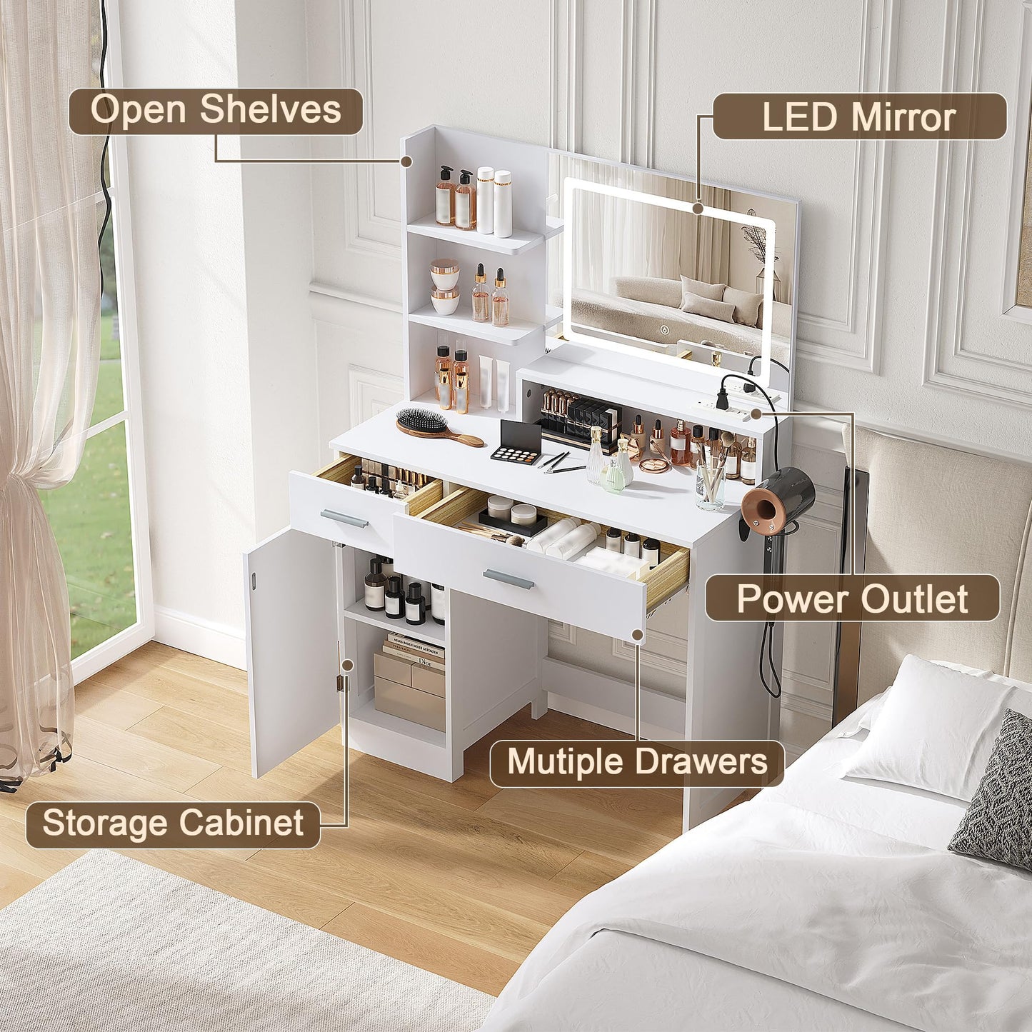 ProsperHaven Vanity Desk with LED Mirror and Lights, Makeup Vanity Table with Power Outlet, Drawers, Cabinet, Dressing Table with Open Storage Shelves for Bedroom, Dressing Room, White