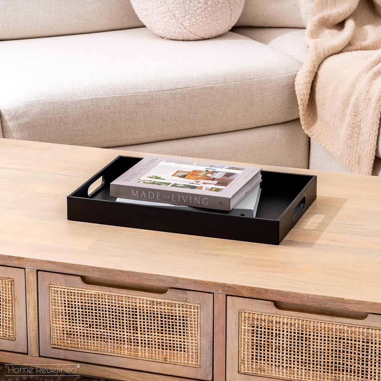Home Redefined Beautiful Modern Elegant 17.5"x12" Rectangle Classic Black Faux Leather Decorative Tray Ottoman Coffee Table Perfume Living Room Kitchen Serving Tray with Handles for All Occasion's