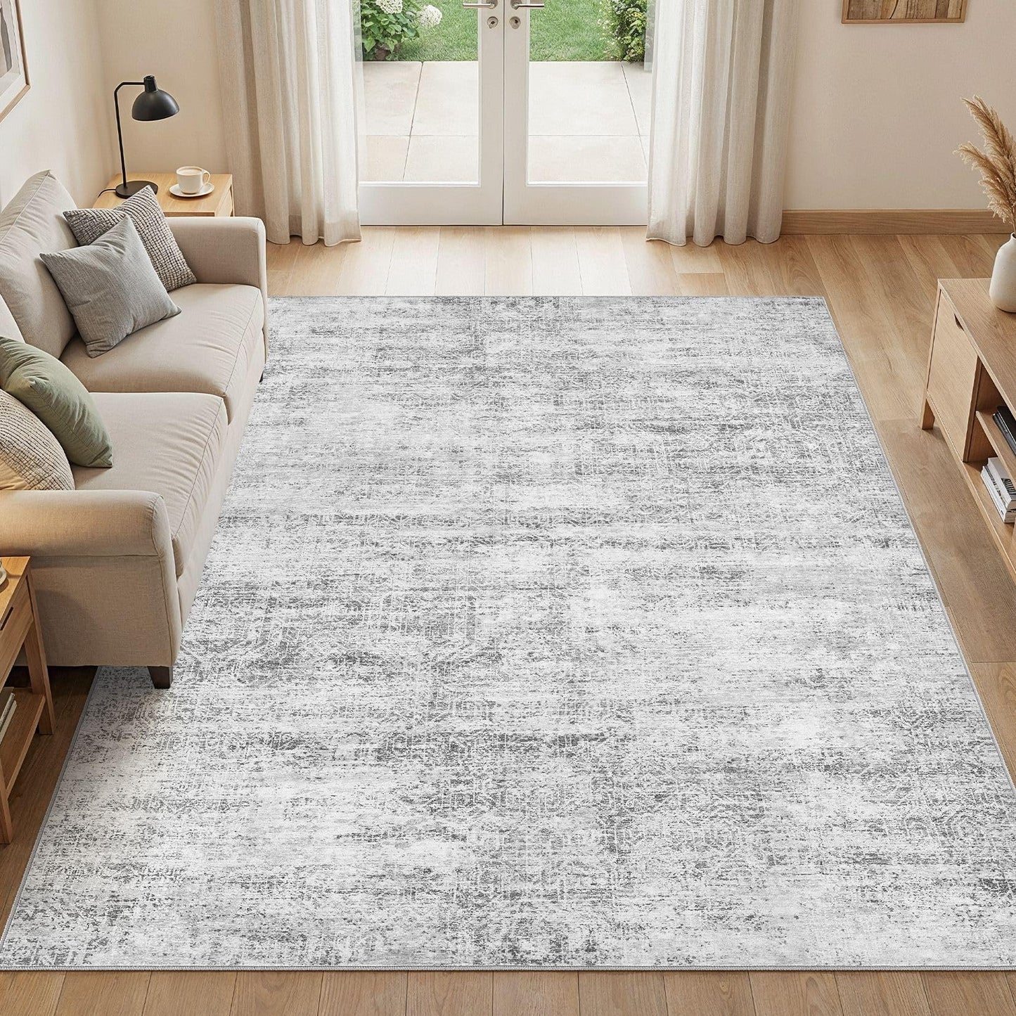 ELLIUNE 5x7 Area Rugs Living Room: Washable Non Slip Soft Abstract Gray Rugs for Bedroom Dining Deor, Low Pile Stain Resistant Indoor Carpet for Farmhouse Nursery Office Kid & Pet Friendly