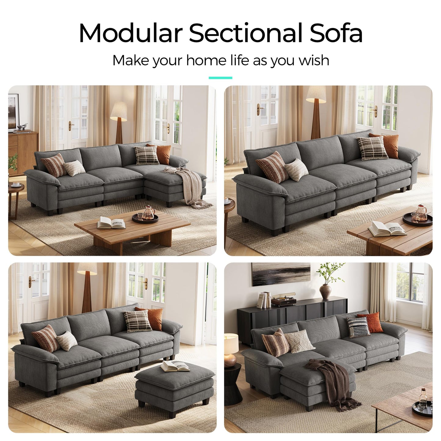 LINSY HOME 123" Modular L-Shaped Sectional Sofa, 3-Seat Corduroy Modern Cloud Couch with Deep Seat & 1 Movable Ottoman, Perfect for Living Room, Office, Bedroom, Grey