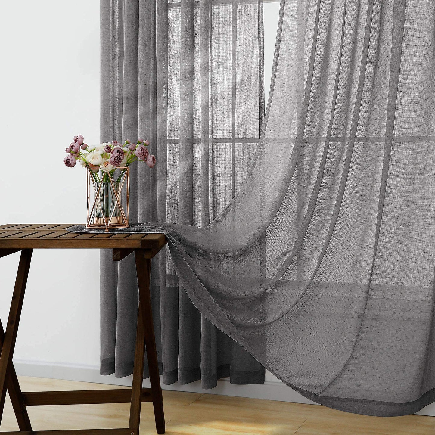 KOUFALL Dark Grey Sheer Curtains 84 Inches Long,Linen Look Rod Pocket Window Curtains for Living Room Bedroom,2 Panels Set,Charcoal Gray