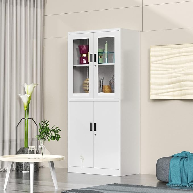 4 Door Display Cabinet with Adjustable Shelves, Locking Steel Storage Caninet