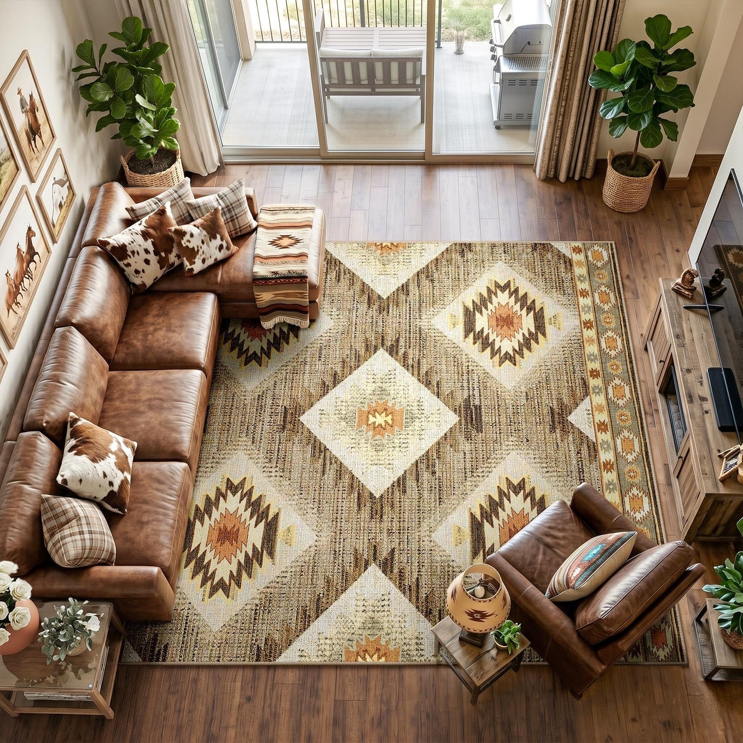 Area Rug 8x10 Rug Machine Washable Non-Slip Low Pile Print Pattern Western Rug for Living Room Bedroom Entryway Tribal Series -Cream/Camel