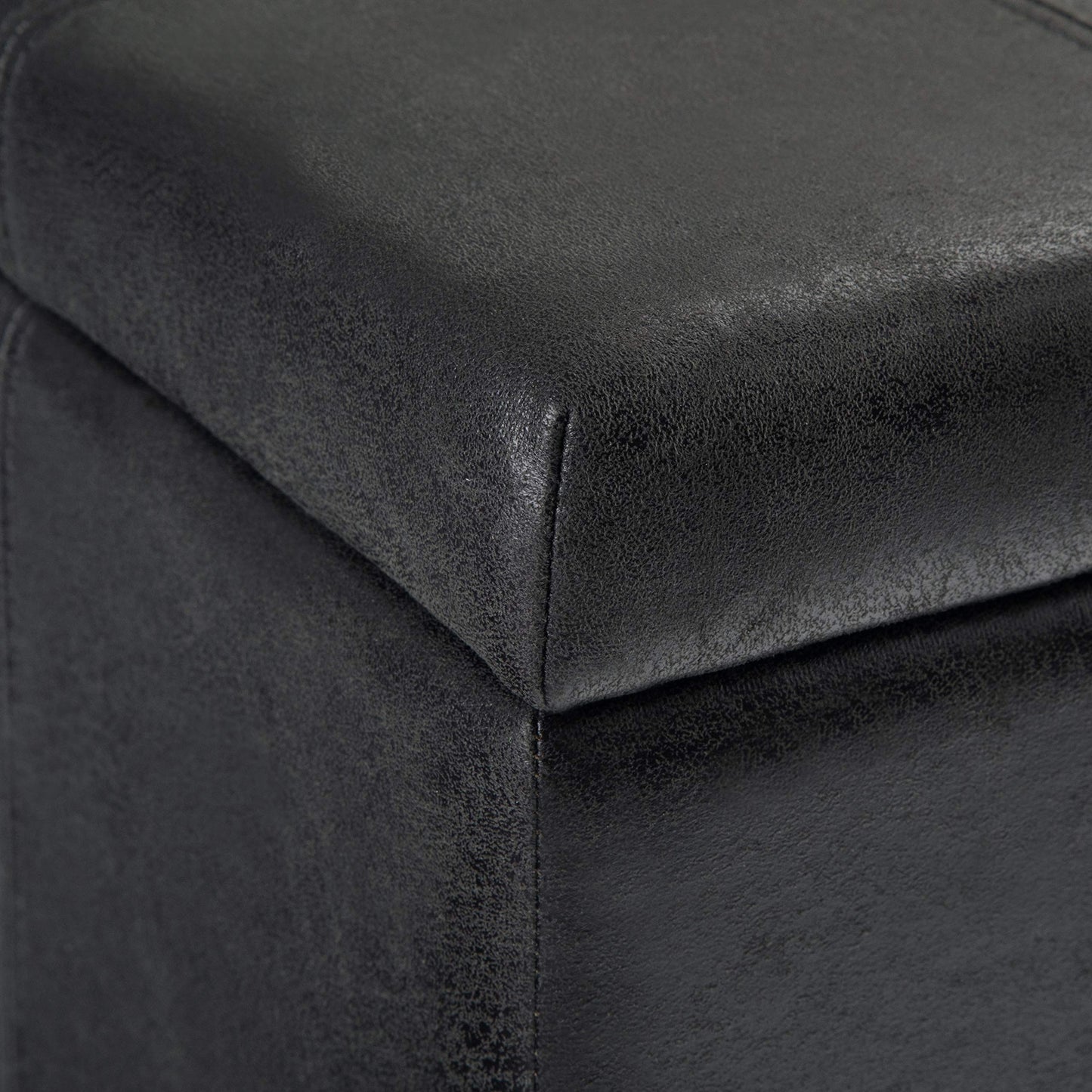 SIMPLIHOME Dover Storage Ottoman Bench - 36 inch Wide Upholstered Vegan Leather Rectangular Lift-Top Ottoman in Distressed Black, Contemporary Bench for Living Room with Safety Hinges