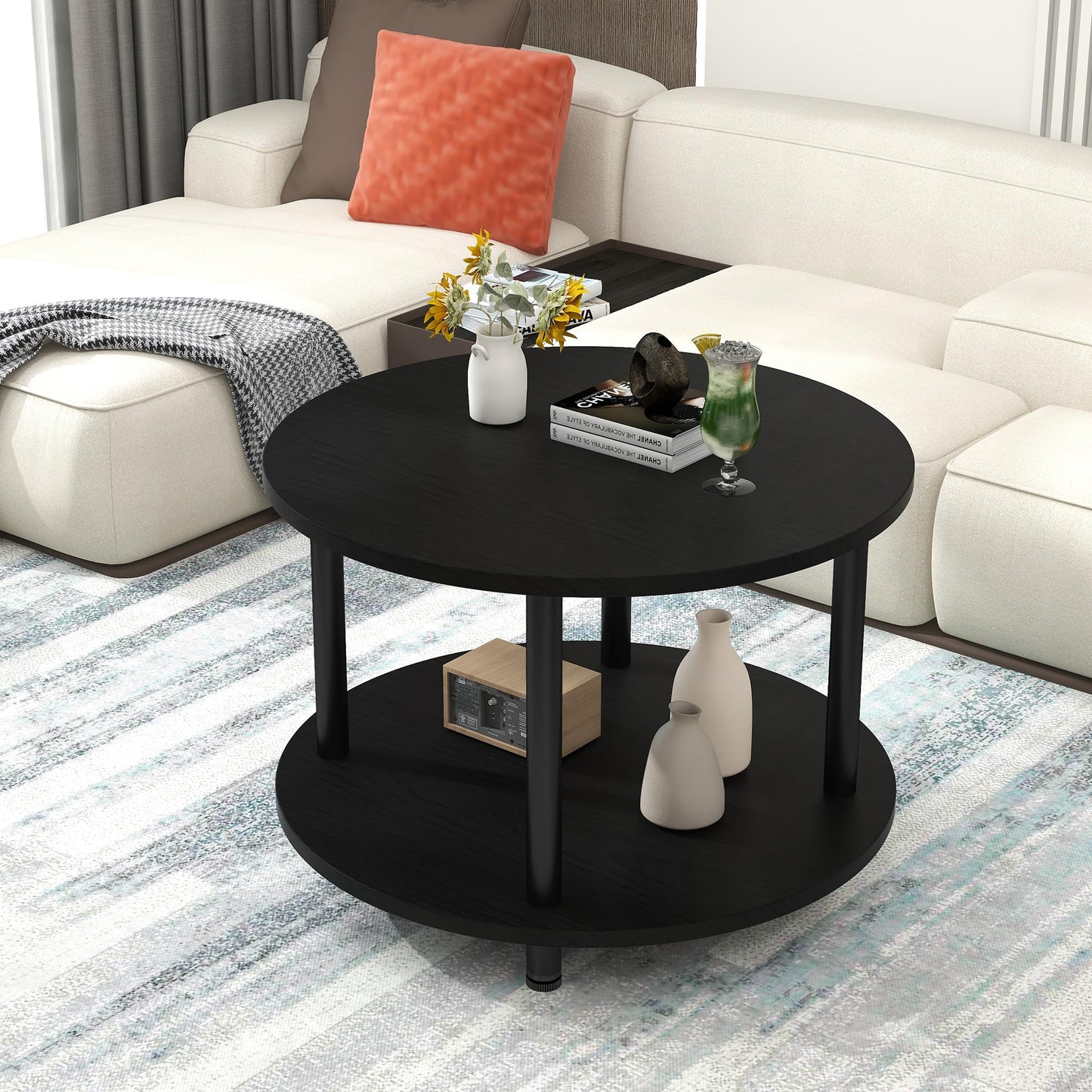 VERFARM 23.6" Round Coffee Table, 2-Tier Small Circle Coffee Table with Storage, Modern Center Accent Table with Metal Frame, Side Table End Table for Small Space, Living Room, Office, Black