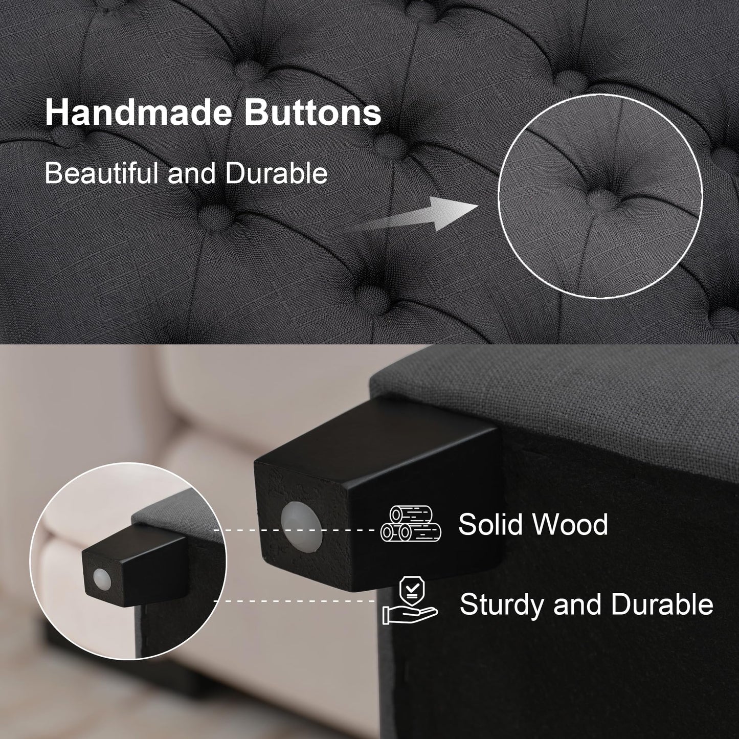 UDAX 51" Storage Ottoman for Bedroom & Living Room, End of Bed Bench with Black Wooden Legs, Linen Upholstered Tufted Ottoman, Entryway Storage Bench,Dark Grey