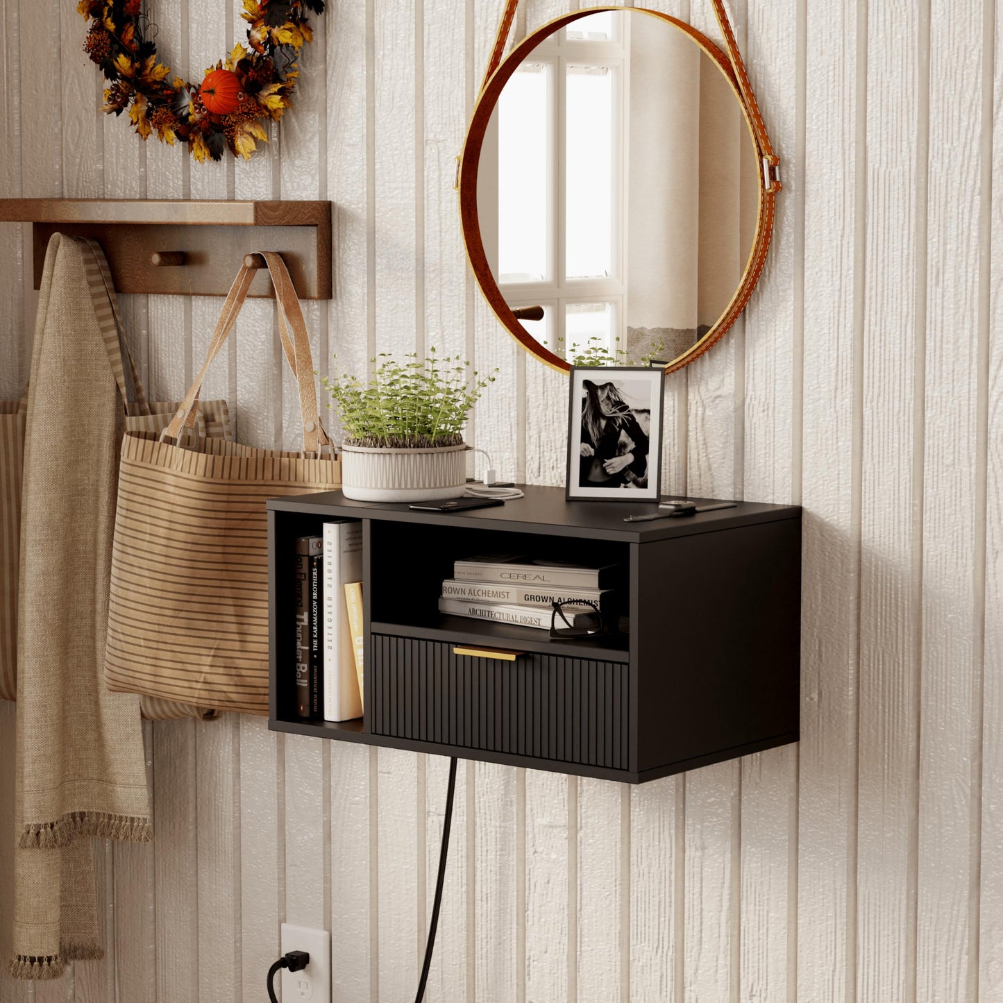 Veegle Black Floating Nightstand with Charging Station and LED Lights,Black