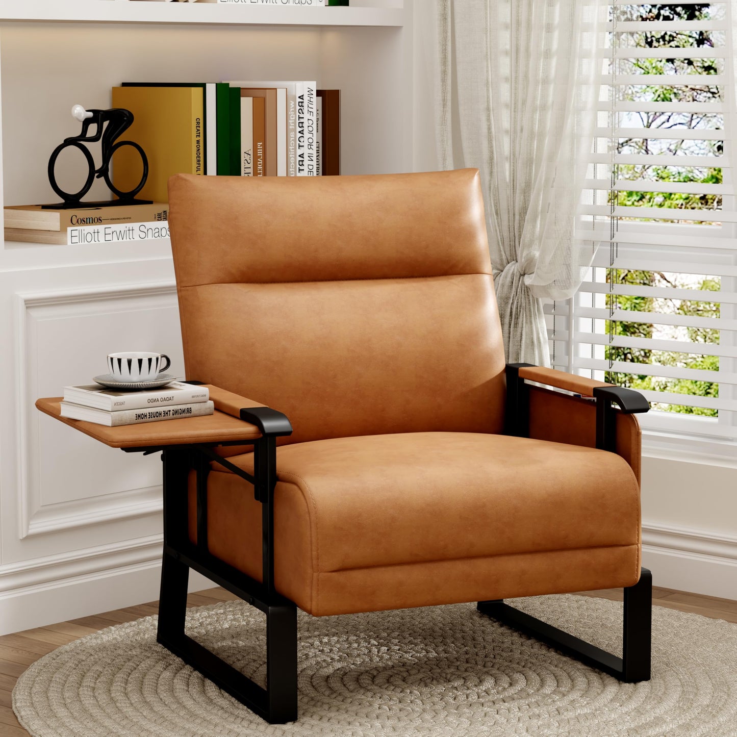 Apeaka PU Leather Accent Chair Upholstered Armchair with Side Table for Bedroom Living Room Chairs Office Club Chair Brown