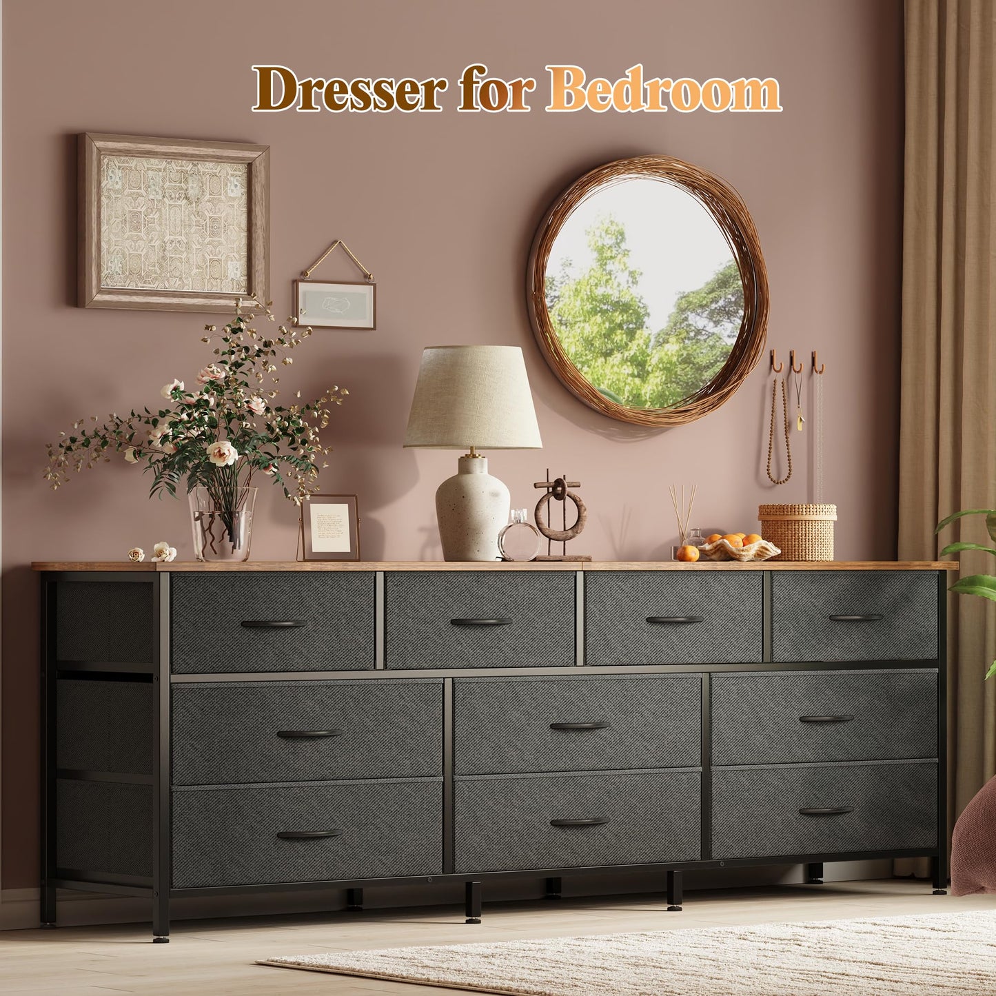 Huuger 63 Inch Dresser for Bedroom, Long Dresser with 10 Fabric Drawers, TV Stand for 55, 65, 70 Inch TV, Toy Storage Organizer for Closet, Rustic Brown and Black