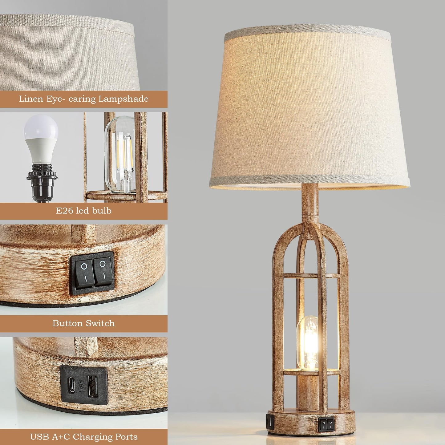 SRJJA Table Lamps for Living Room End Table Set of 2 - Rustic Farmhouse Bedside Lamps for Bedroom Nightstand with Nightlight and USB A+C, 4 Bulbs Included