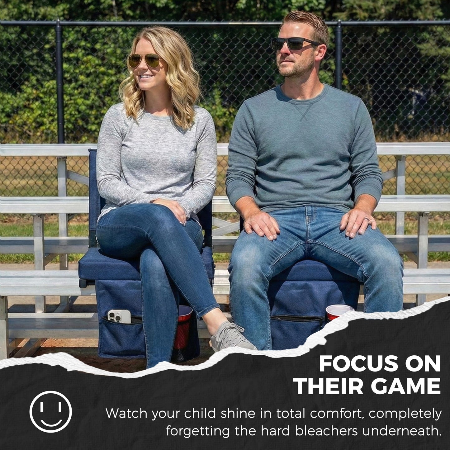 SPORT BEATS Stadium Seats with Back Support Bleacher Chairs with Back and Cushion Thick Padded Bleacher Seats Includes Shoulder Strap Navy Blue 1pc Standard