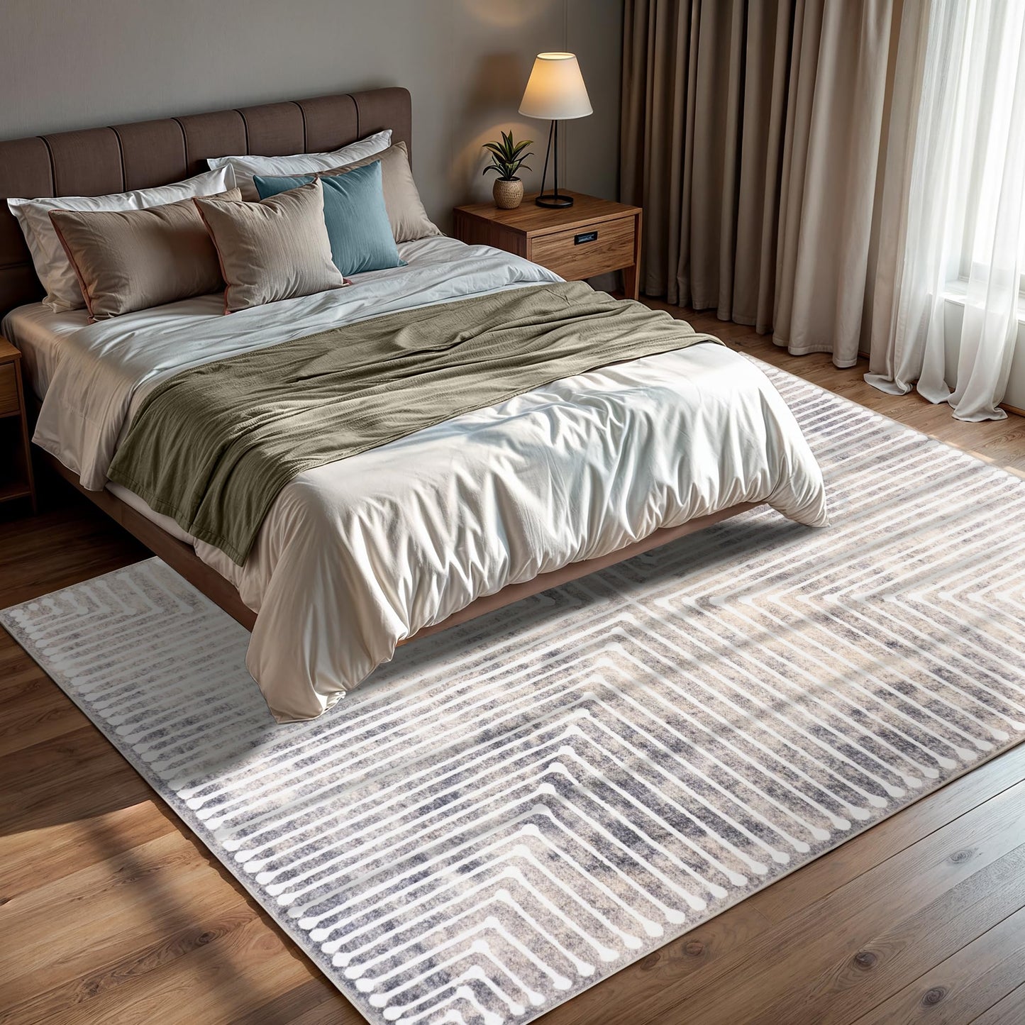 GLN Rugs Contemporary - Ephesus - Machine Washable Area Rug, Modern Washable, Non Slip, Low Pile Area Rug, Living Room, Bedroom, Kitchen Rug - Easy Clean (6' x 9' Lines Cream)