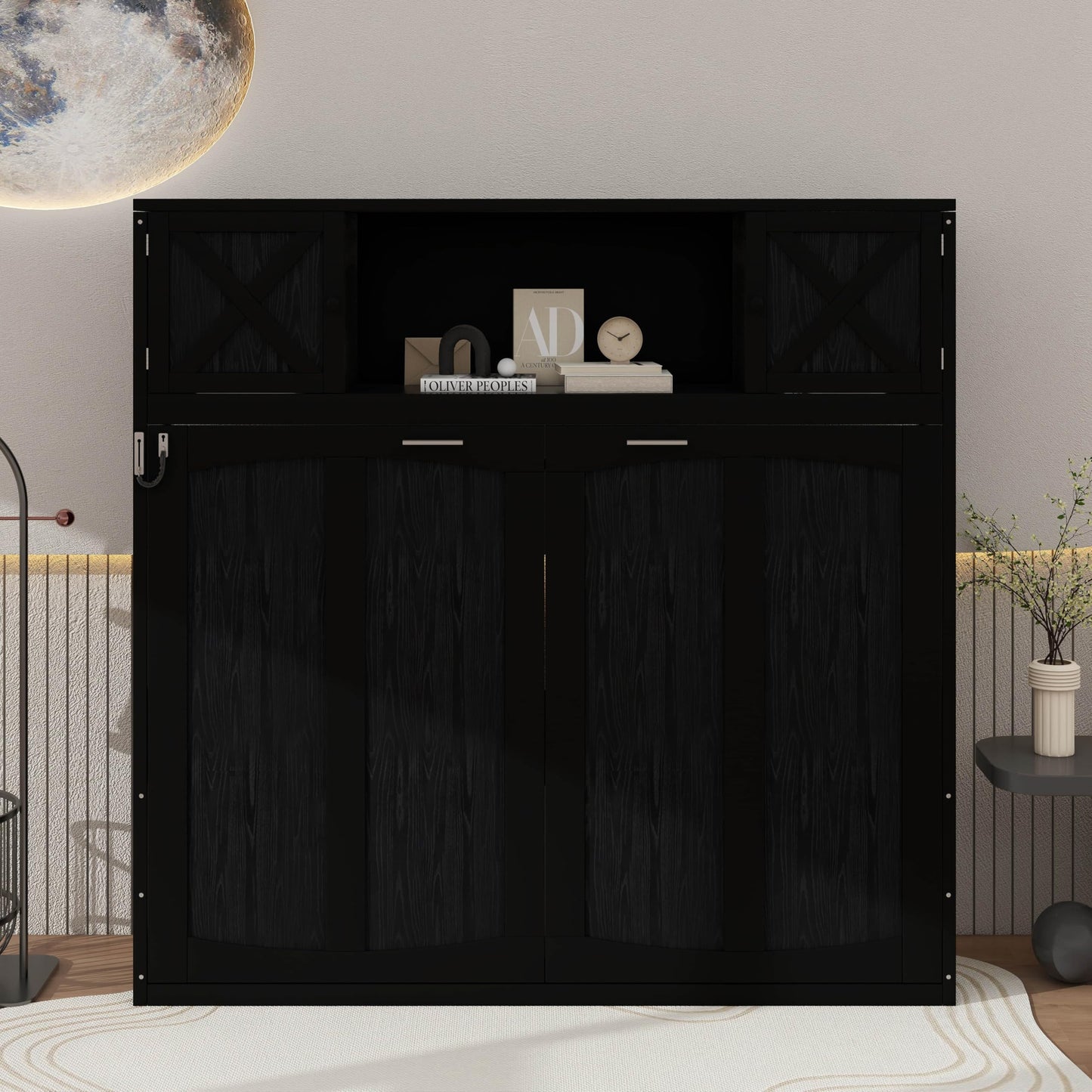 YunNianYang Full Size Black Murphy Bed with Storage Cabinets