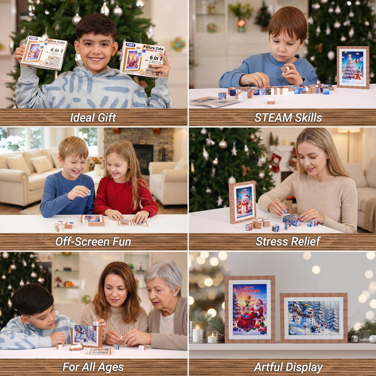 TOSY Picture Cube Santa’s Town: 6-in-1 Magnetic Picture Puzzle, 48 Blocks, 288 Faces/Magnets, 0.8 in, B001, Seamless UV Art, Display-Ready Frame, Collectible, STEM/STEAM Gift for Kids & Adults