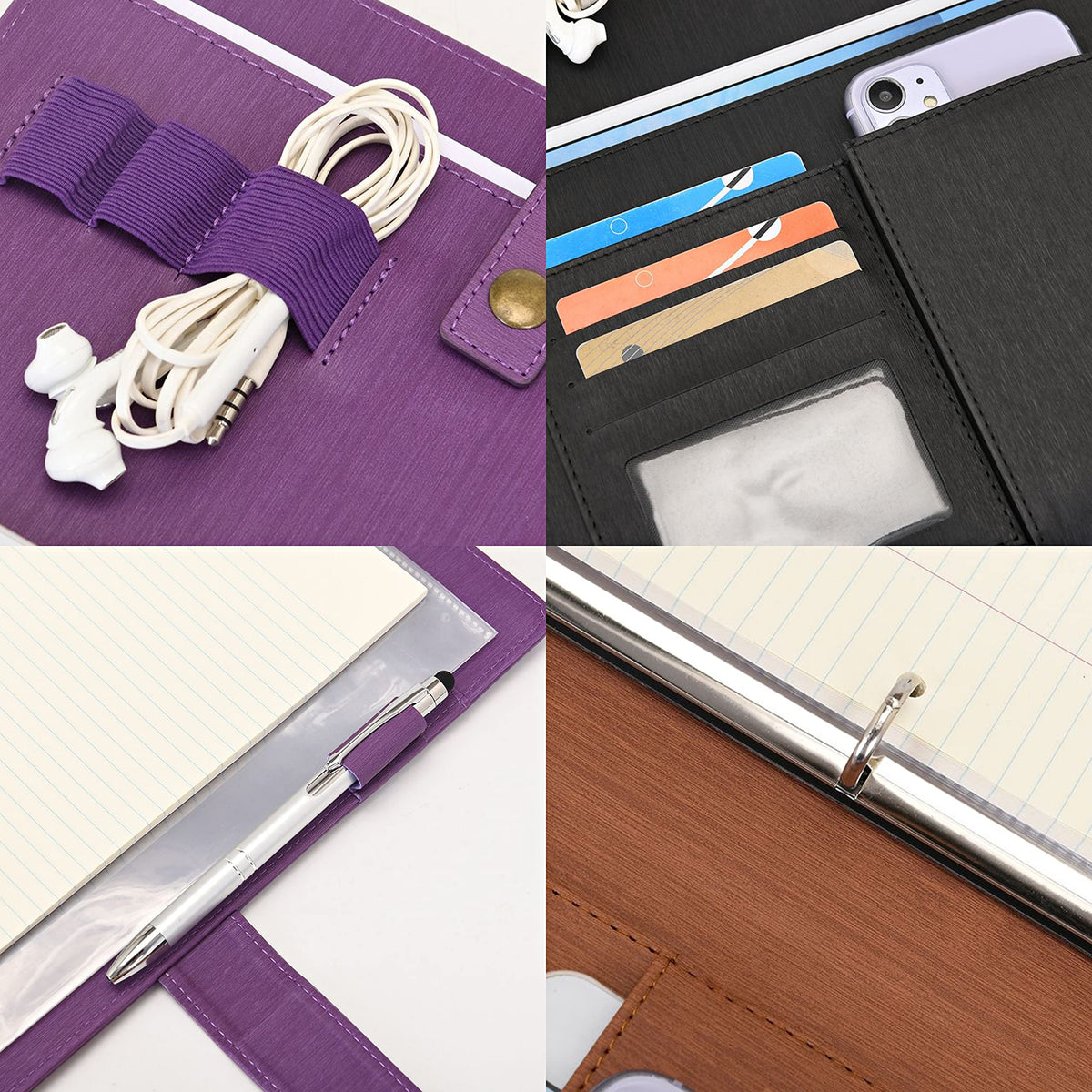 Wonderpool A4 PU Leather Portfolio Holder Ring File Document Case with Removable Binder Clipboard, Multi Pocket and Legal Pad for Business Organizer Interview and Meeting (Purple)