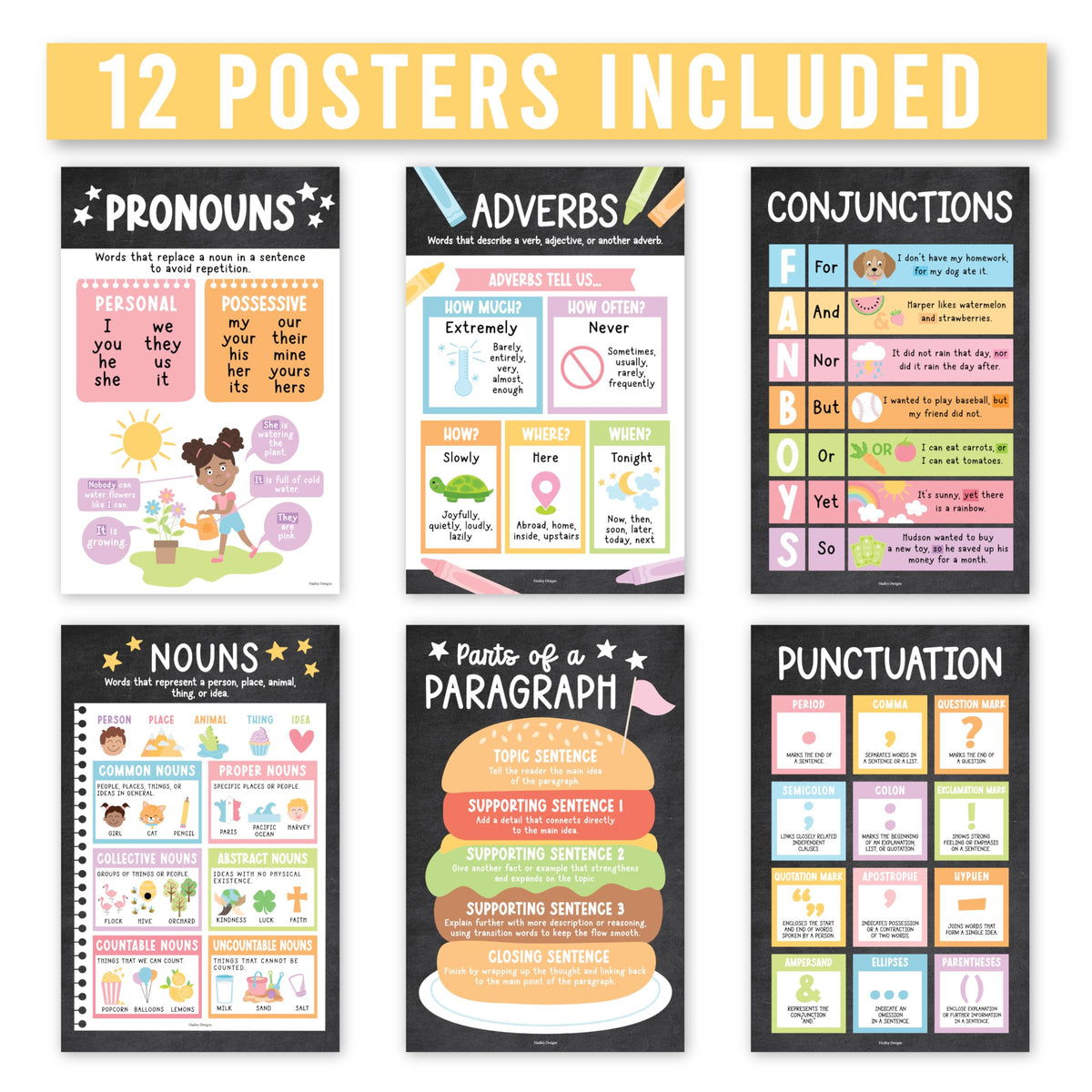 Parts of Speech Posters for Classroom Must Haves -12 English Grammar Posters, Writing Process Language Arts for Homeschool,Elementary & Middle School,ELA 3rd 4th & 5th Grade Chalkboard Classroom Decor