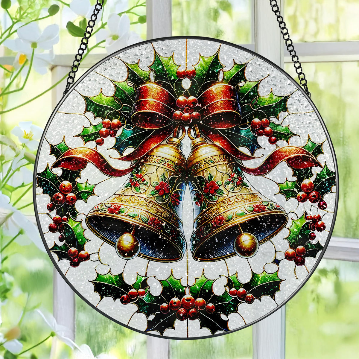 Stained Glass Window Hanging, Pauyadu Sun Catchers Indoor Window, Bells Christmas Suncatcher, Christmas Home Decor, Festive Gifts for Friends, Neighbor - 8 Inch
