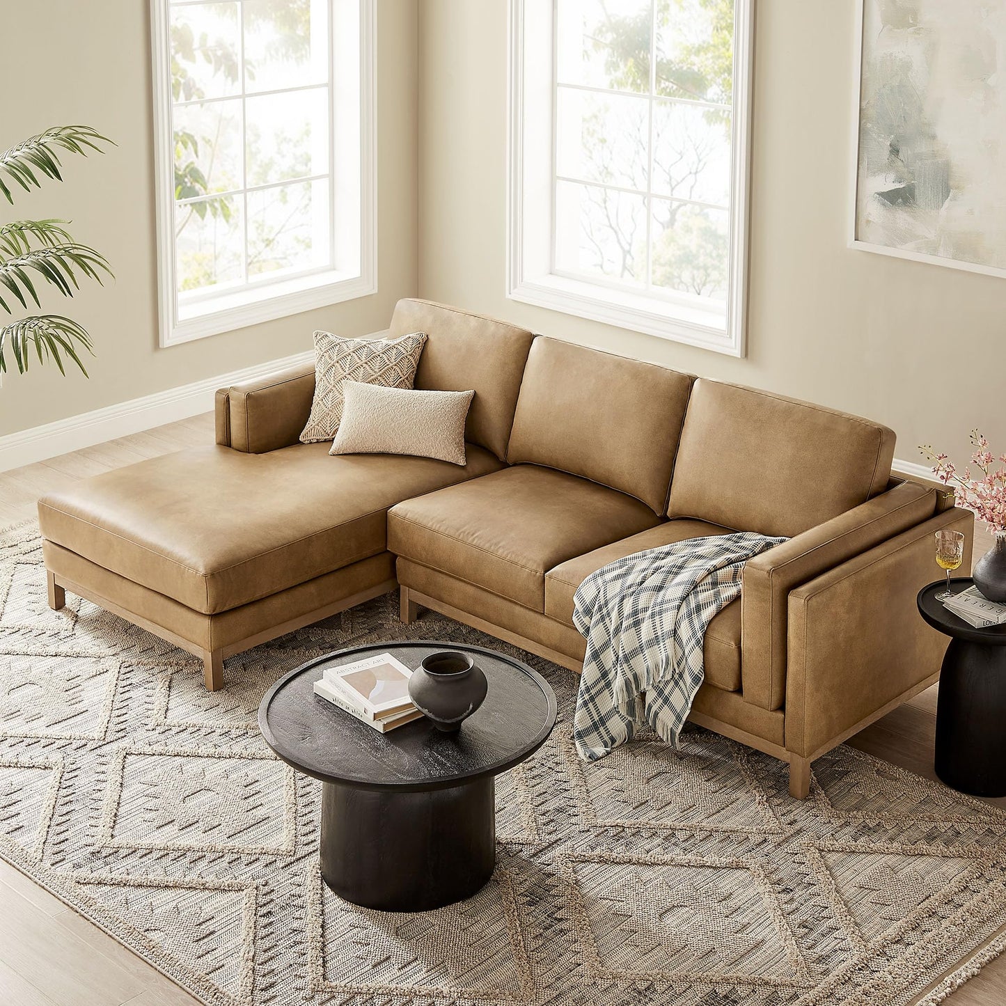 Modway Roscoe Left-Facing Sectional Sofa with Chaise in Toast - 2-Piece Faux Leather Upholstered Deep Seat Couch, L Shaped Modular for Living Room or Lounge