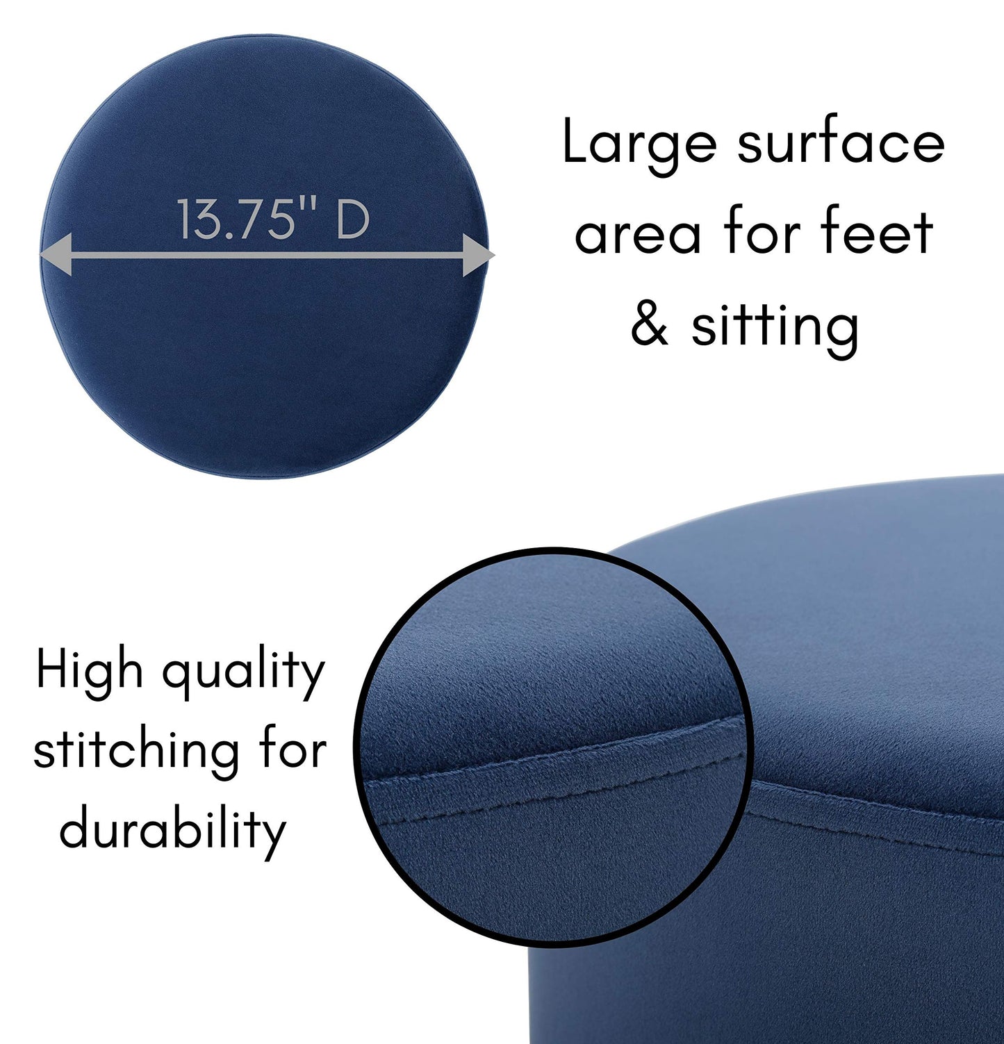 BIRDROCK HOME Round Ottoman Foot Stool – Modern Soft Padded Velvet Vanity Chair with Silver Metal Trim – Accent Chair or Foot Rest for Living Room, Bedroom, or Dressing Room (Blue)