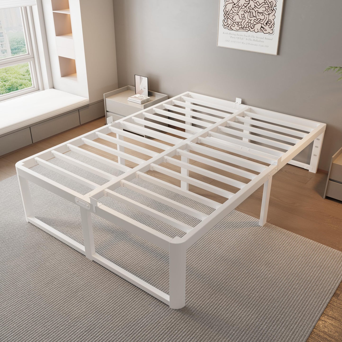 ZTH Full Size Metal Platform Bed Frame 16 in, No Box Spring Needed, White