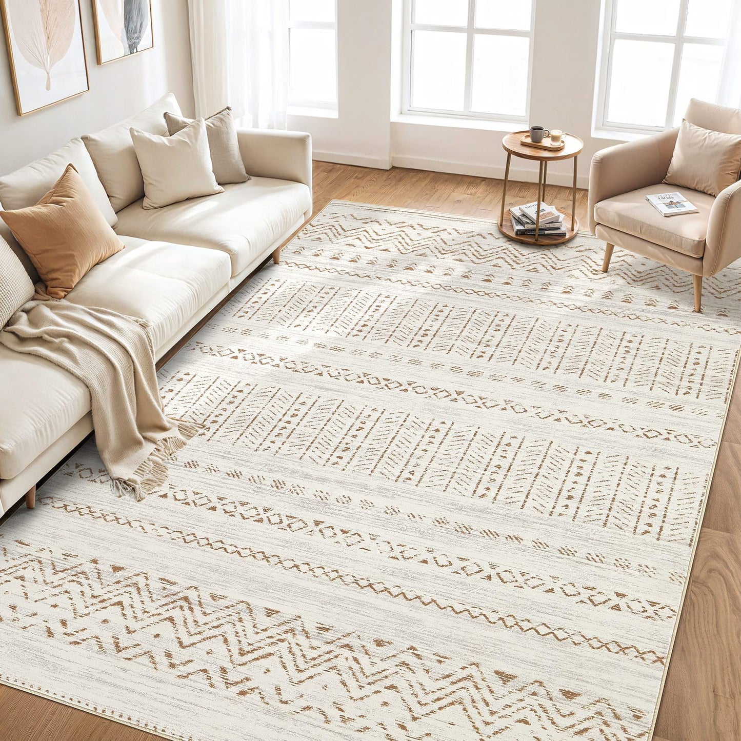 cotiled 5x7 Area Rugs Living Room Rug: Washable Boho Rugs with Non Slip Backing Large Soft Indoor Stain Resistant Carpet for Bedroom Farmhouse Dining Room Lightweight Home Decor Brown/Cream