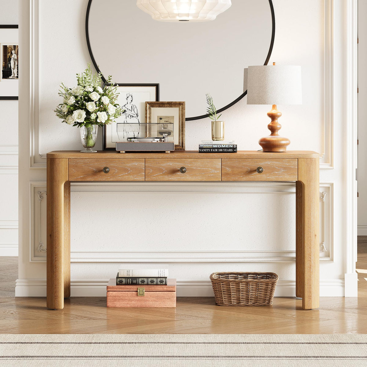 Merax 52" Console Table with 3 Drawers, Rustic Entryway Table with Curved Corners, Narrow Long Sofa Table for Living Room, Hallway, Entrance, Behind Couch, Foyer, Sturdy Thick Legs, Natural