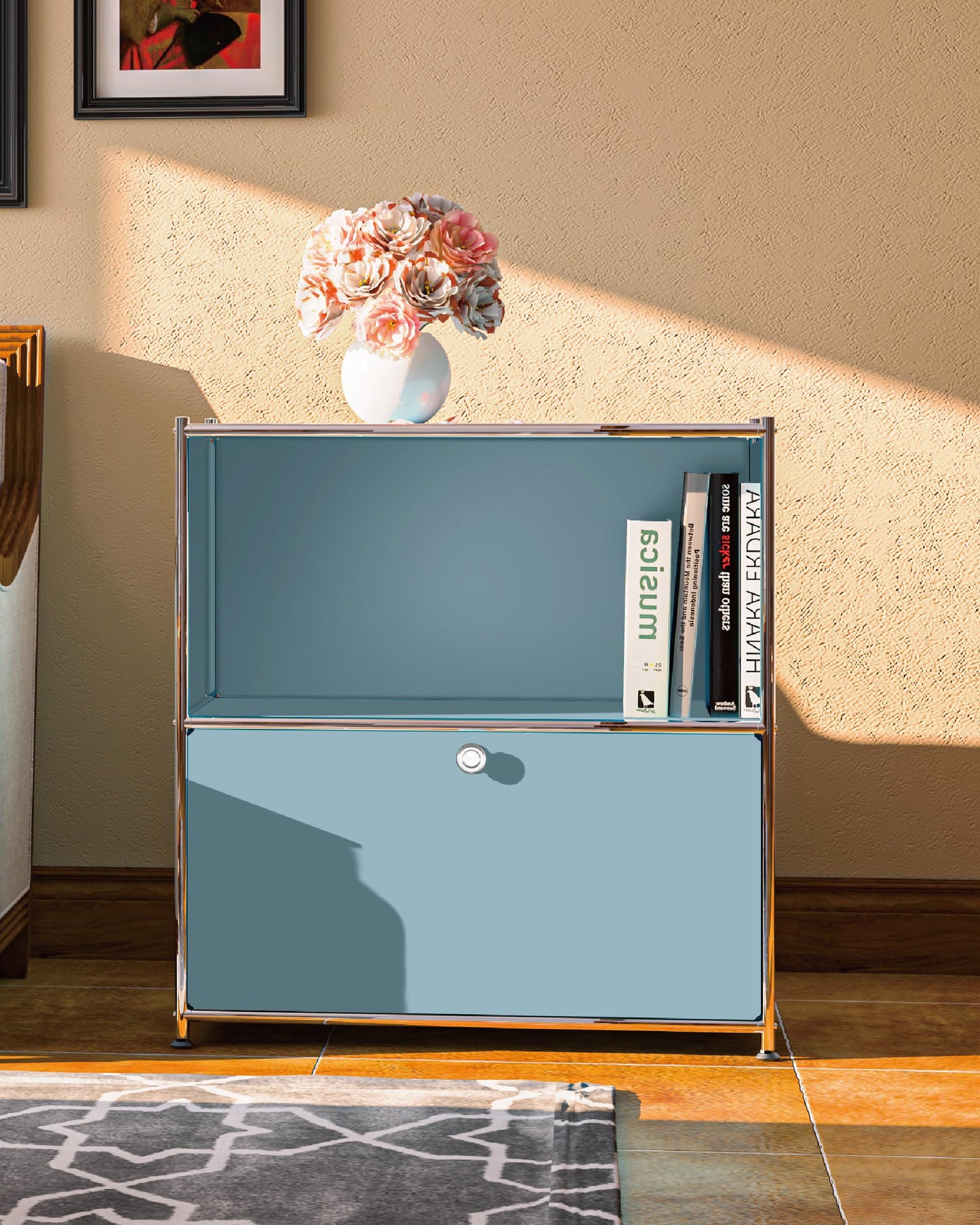 Simplink 32.5-Inch Flip-Top Side Table & Buffet Cabinet with Detachable Wheels, Ample Storage, DIY Corner Bookshelf, Wall Shelf, Cube Organizer, Bedside Table – Modern Home Decor, Blue