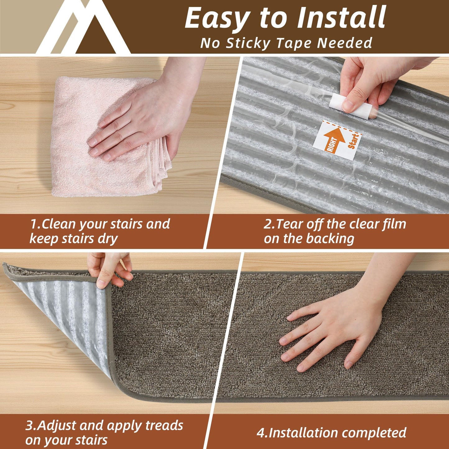 COSY HOMEER Stair Treads for Wooden Steps 9"x28" Washable Indoor Carpet Stair Treads Non Slip Soft Polyester Stair Carpet Tread Reusable Stair Runner Rugs for Kids, Elders,Pets,Light Brown,4pcs