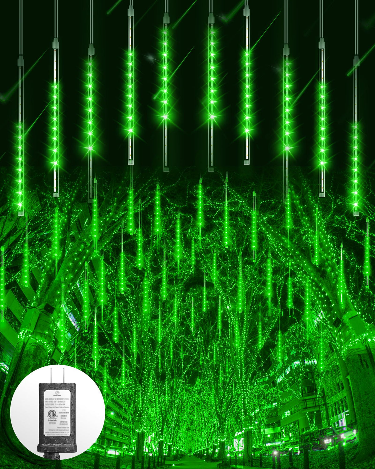 Blingstar Meteor Shower Lights Outdoor Christmas Lights, 16 Inch 10 Tubes 360 LEDs Falling Rain String Light with Timer, Waterproof Plug in Icicle Light for Tree Porch Roof Yard Xmas Decoration, Green