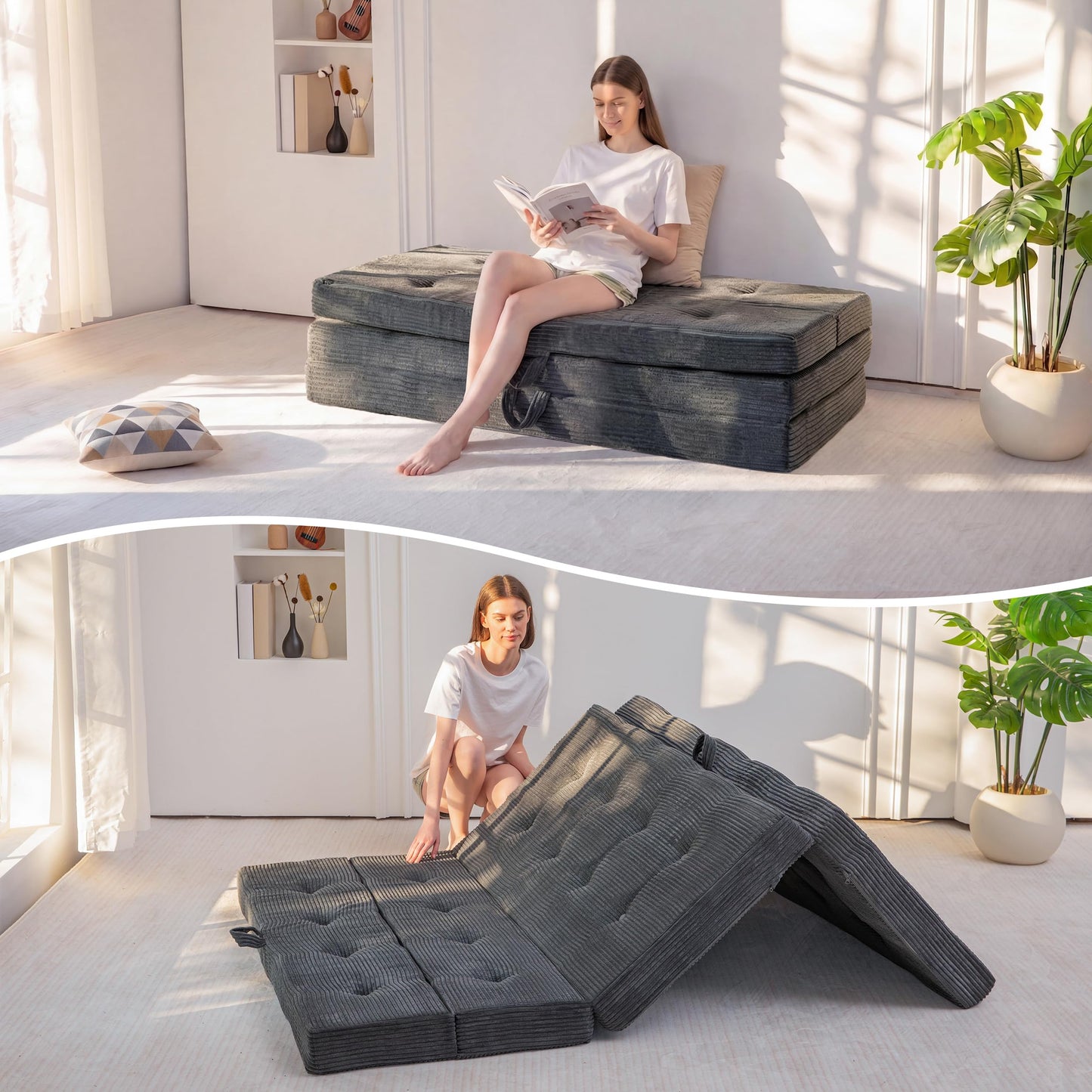 MAXYOYO Foldable Sofa Couch Bed, 4 Inch Tufted Folding Couch, Portable Floor Couch with Handles Guest Bed Topper Portable Camping Mat with Corded Fabric, Twin Size, Dark Grey
