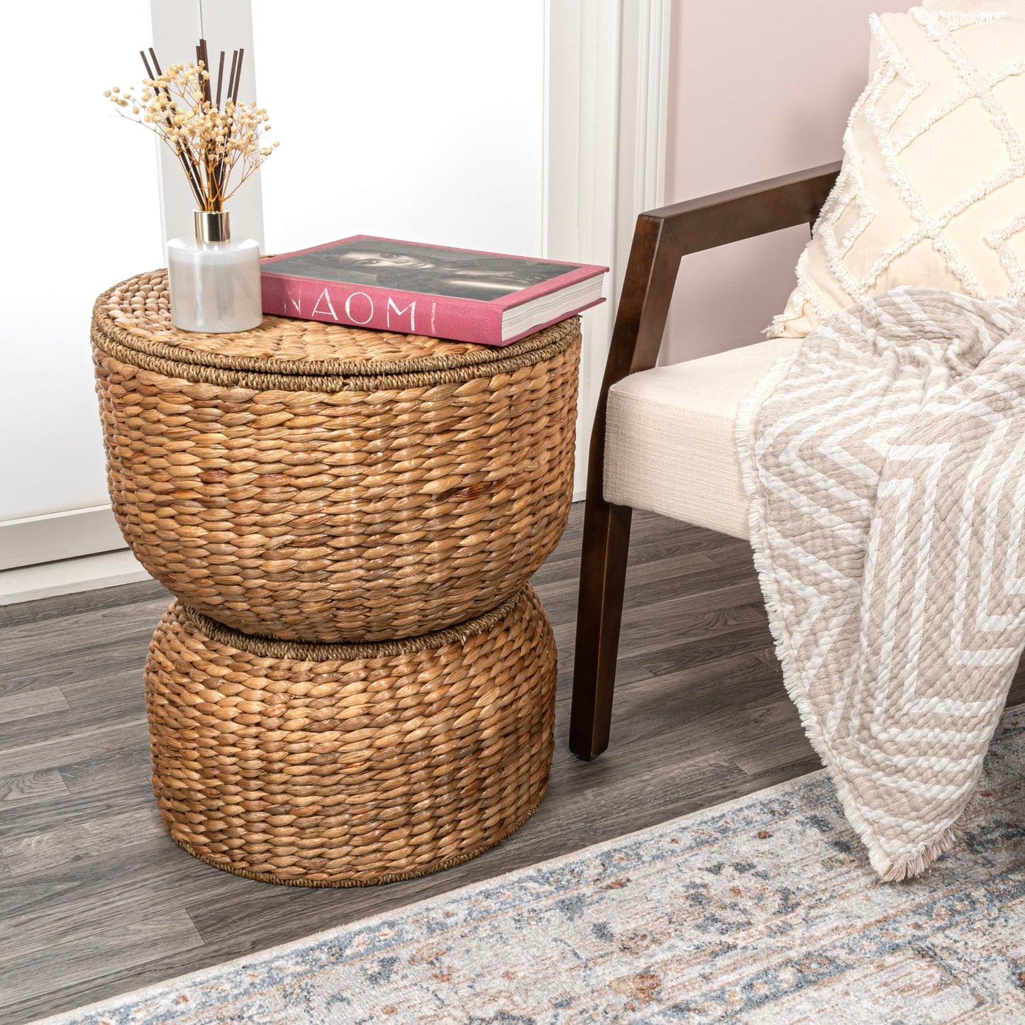 happimess SAT1000A Bhola 18" Hourglass Handwoven Hyacinth Storage Accent Table with Lid for Storage and Decoration in Bedroom, Living Room, Kitchen, Dining Room, Entryway, Guestroom, Natural