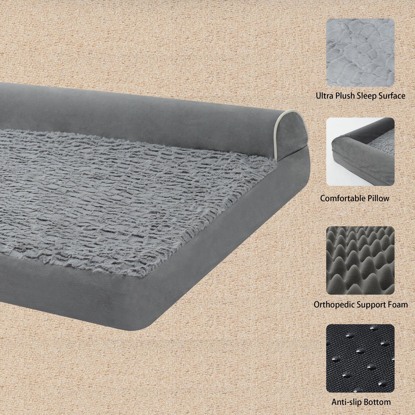 YIZHUOPET Orthopedic Plush L Shape Dog Bed,Medium L Sized Dog 36''X27''x6.5'' Soft Waterproof Egg Foam Pet Crate Beds Mat or Kennel Pads with Removable Washable Cover,Non-Slip Bottom,Grey