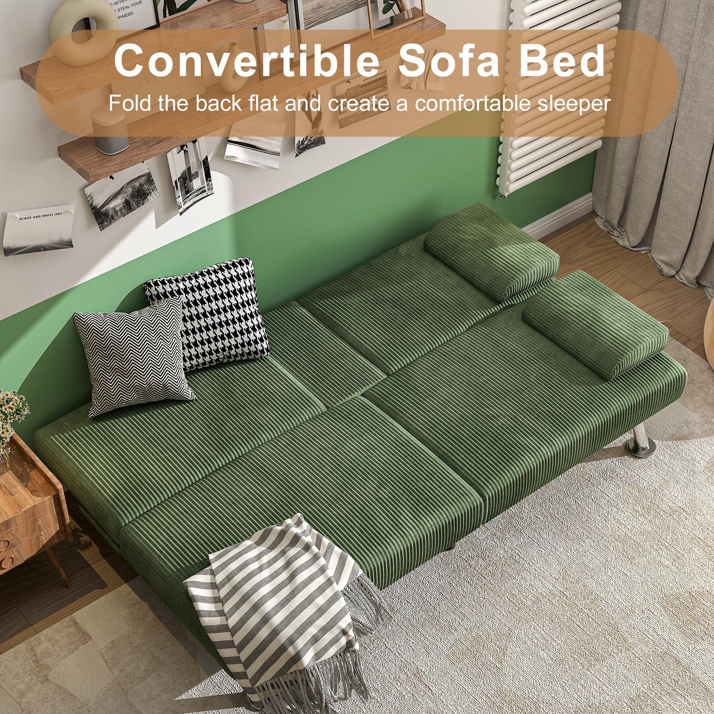 Shahoo Modern Upholstered Convertible Folding Futon Sofa Bed with Removable Armrests, Metal Legs, 2 Cup Holders for Living Room, Green