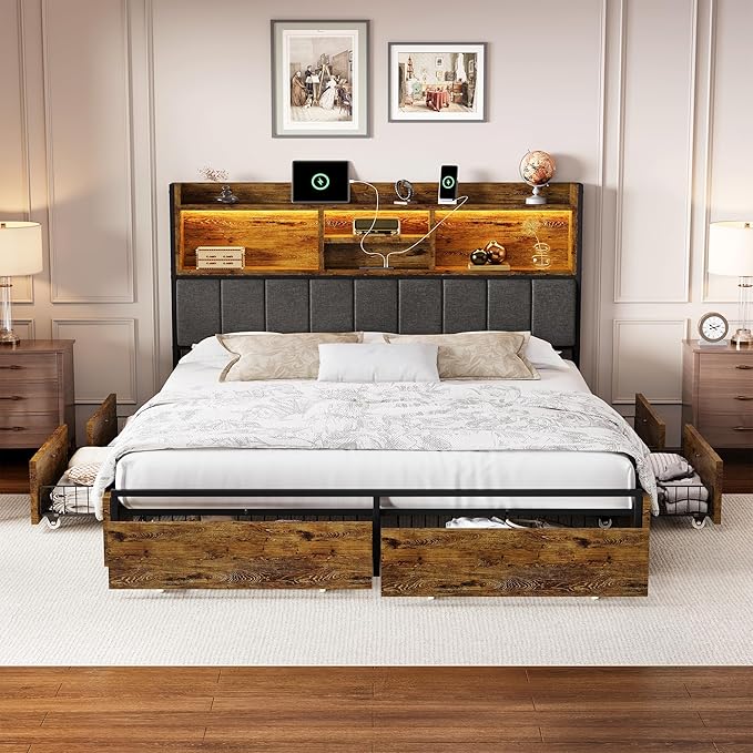 LARMACE Queen Bed Frame with 6 Storage Drawers, Bed Frame Queen Size with Linen