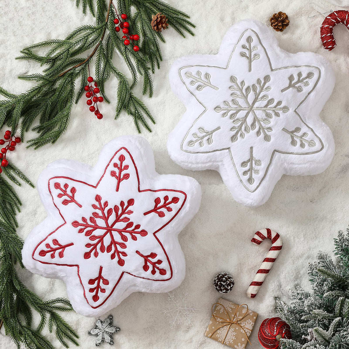 YRXRUS Christmas Snow Pillows, Snow Shaped Pillow, Small Cute Red Snowflake Pillow for Gifts, Christmas Decorations Throw Pillows for Party, Her, Kids, Girls Xmas Home Decor 13.5x13.5 Inches