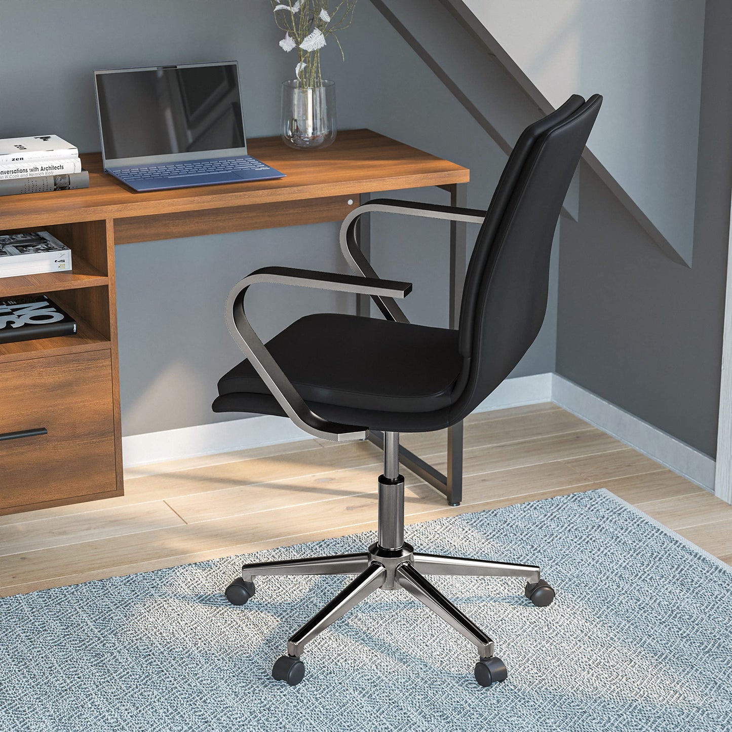 Flash Furniture James Mid-Back Designer Executive Office Chair - Black LeatherSoft Upholstery - Brushed Chrome Base and Arms - Height Adjustable 360° Swivel Seat