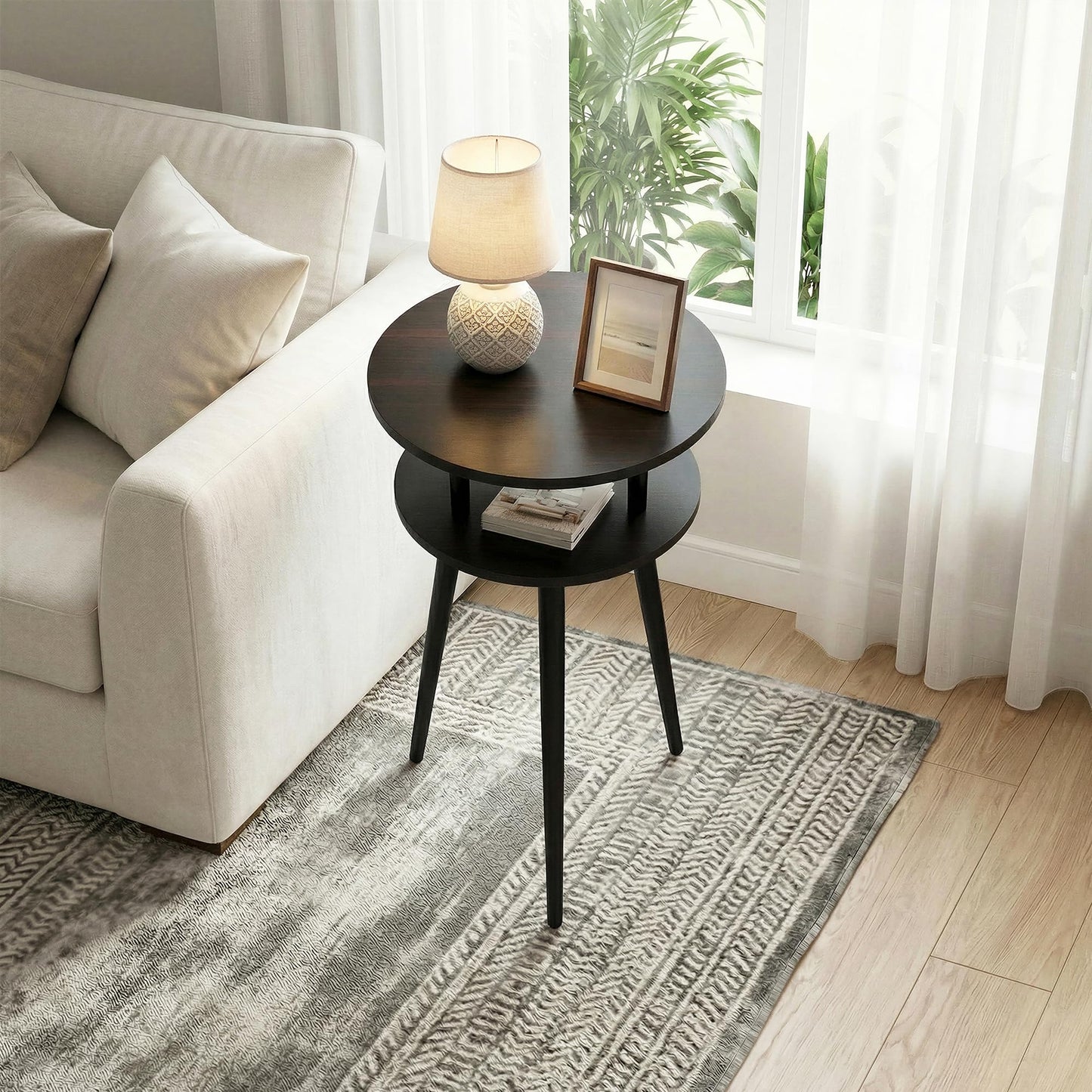 MWOOD Small End Table for Living Room, 2-Tier Round Side Accent Table, Compact Sofa Bedside Table Nightstand, Dark Weathered Expresso Walnut Wood Shelf for Bedroom Corner Small Spaces