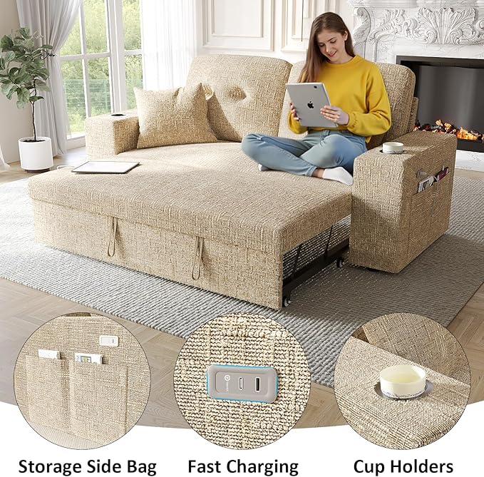 63 Inch Sleeper Sofa Bed, 3 in 1 Pull Out Couch Bed