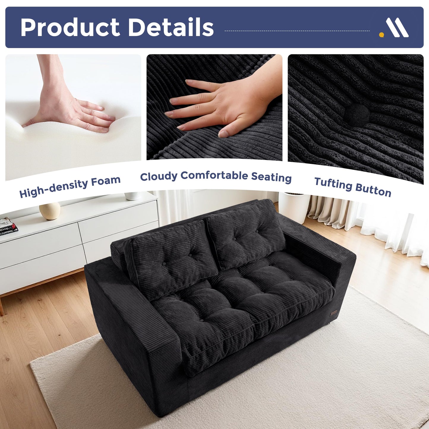 MAXYOYO Loveseat Sofa Couch, Upholstered Bean Bag Chair Cloud 2-Seat for Adults, Boneless Couch with Tufted Cushion & Pillows, Sofa in A Box, No Assembly Required, Black