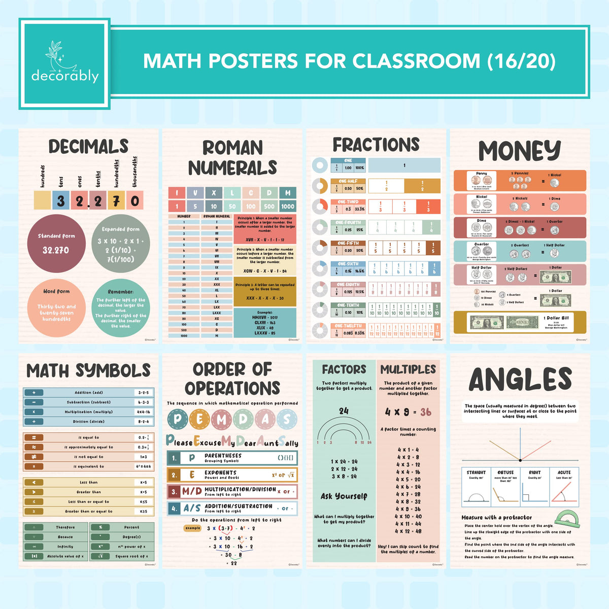 Decorably 20 Boho Educational Math Posters, 11x17in Educational, Matte-Laminated Decor - for Classroom, Hallways, Bulletin Boards, Home Study Room