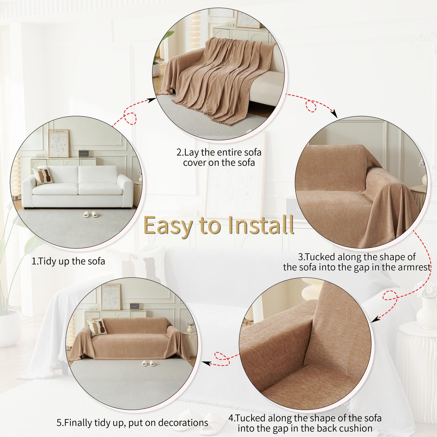 KaviKon Sectional Couch Covers 2-Piece for L Shape Sofa, Chenille Washable Sofa Cover for 2-3 Cushion Couch, Non-Slip Furniture Protector for Dogs,Pets, Soft Couch Blanket Slipcovers Sets (L-Khaki)
