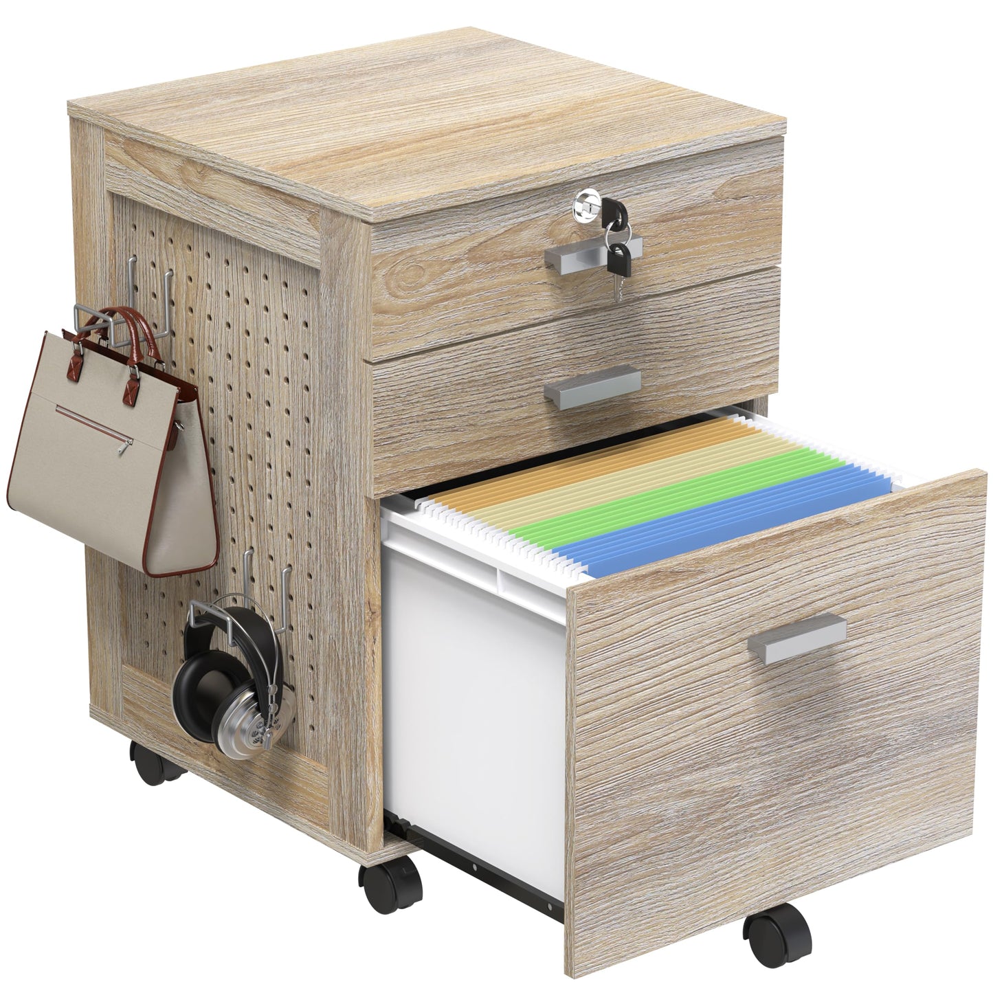SHW Box Box File Rolling Mobile Cabinet with Side Pegboard and One Lockable Drawer, Maple