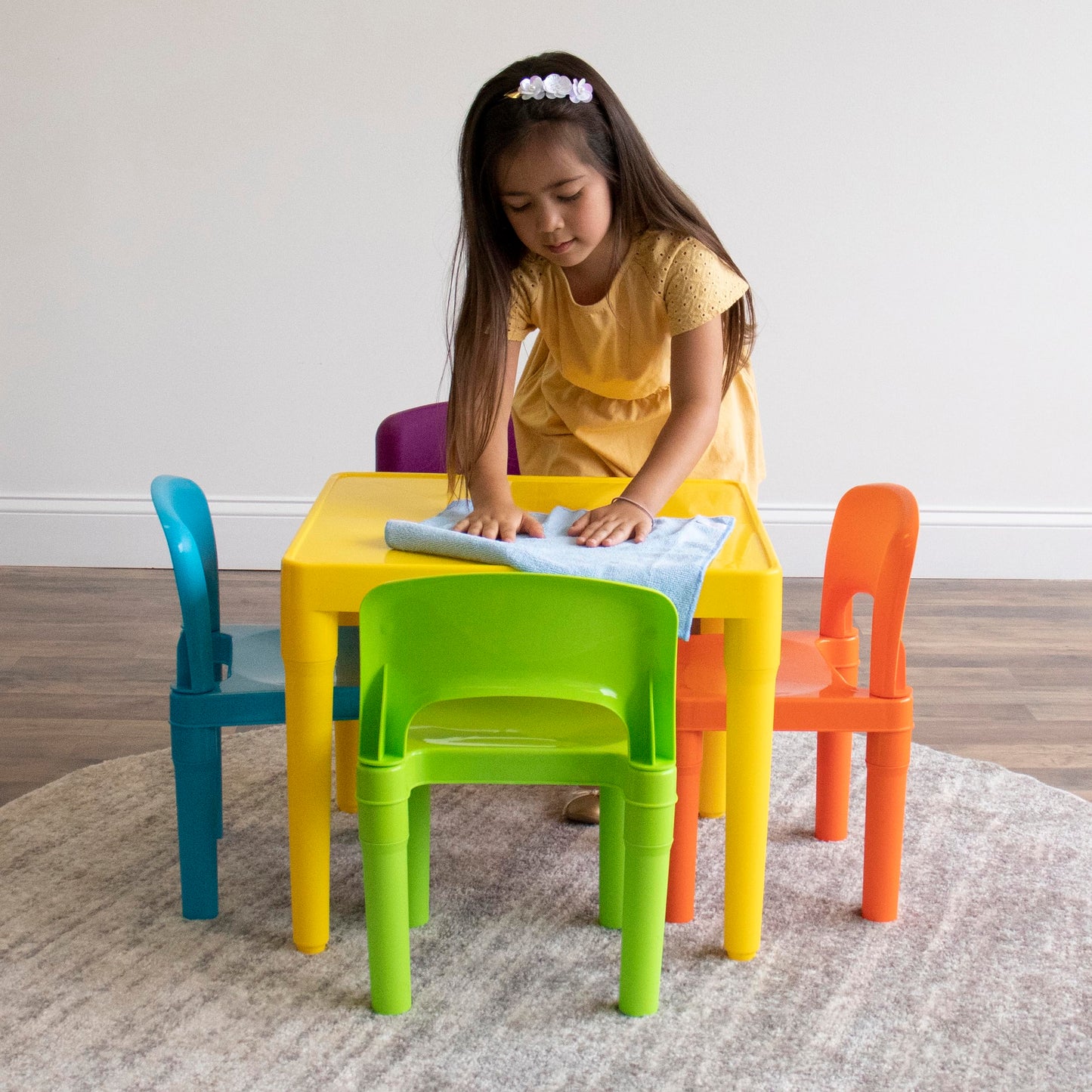 Humble Crew Kids Plastic Table and Chair Set, Toddler Activity Table with 4 Chairs, Lightweight Easy-Clean Kids Desk for Play, Snacks & Crafts, Indoor Outdoor Playroom Furniture, Yellow/Vibrant