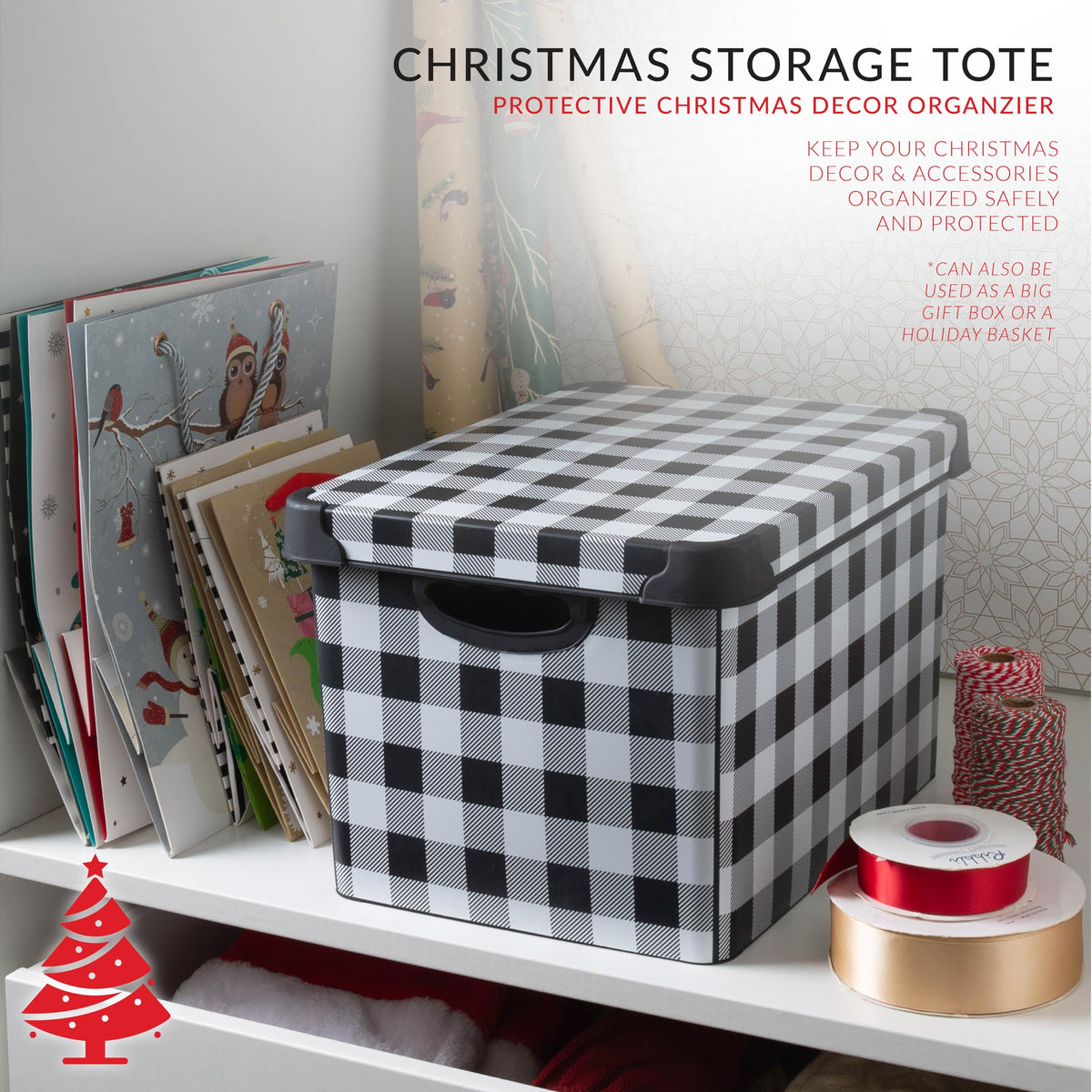 Simplify Checkered Design Storage Bin | Christmas Tote | Holiday Décor Decorations Organizer | Buffalo Plaid Design | Lidded | Stackable | Black and White