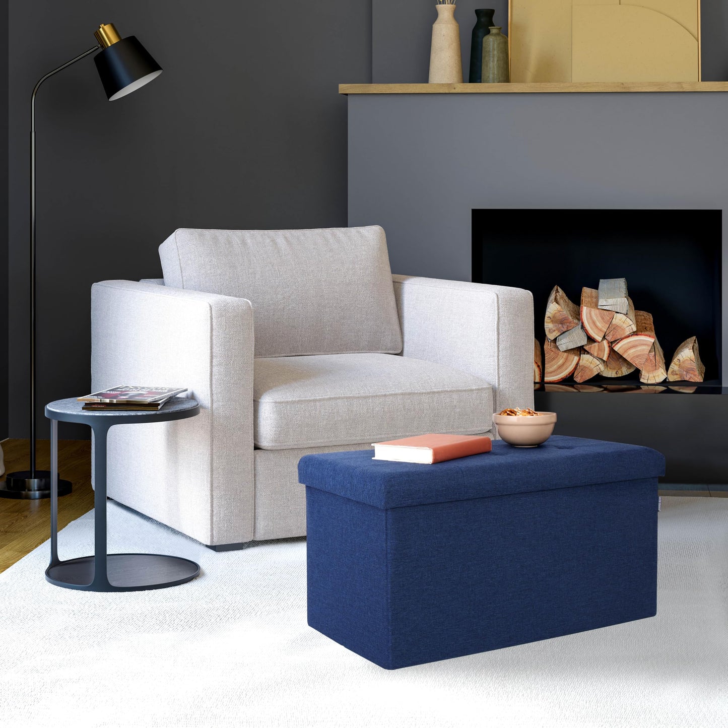 Seville Classics Cushioned Fabric Ottoman Hidden Storage Chest Footrest Chair, Padded Seat for Bedroom, Dorm, Loft, Living Room, Entryway, Hallway, Midnight Blue, 31.5" Bench