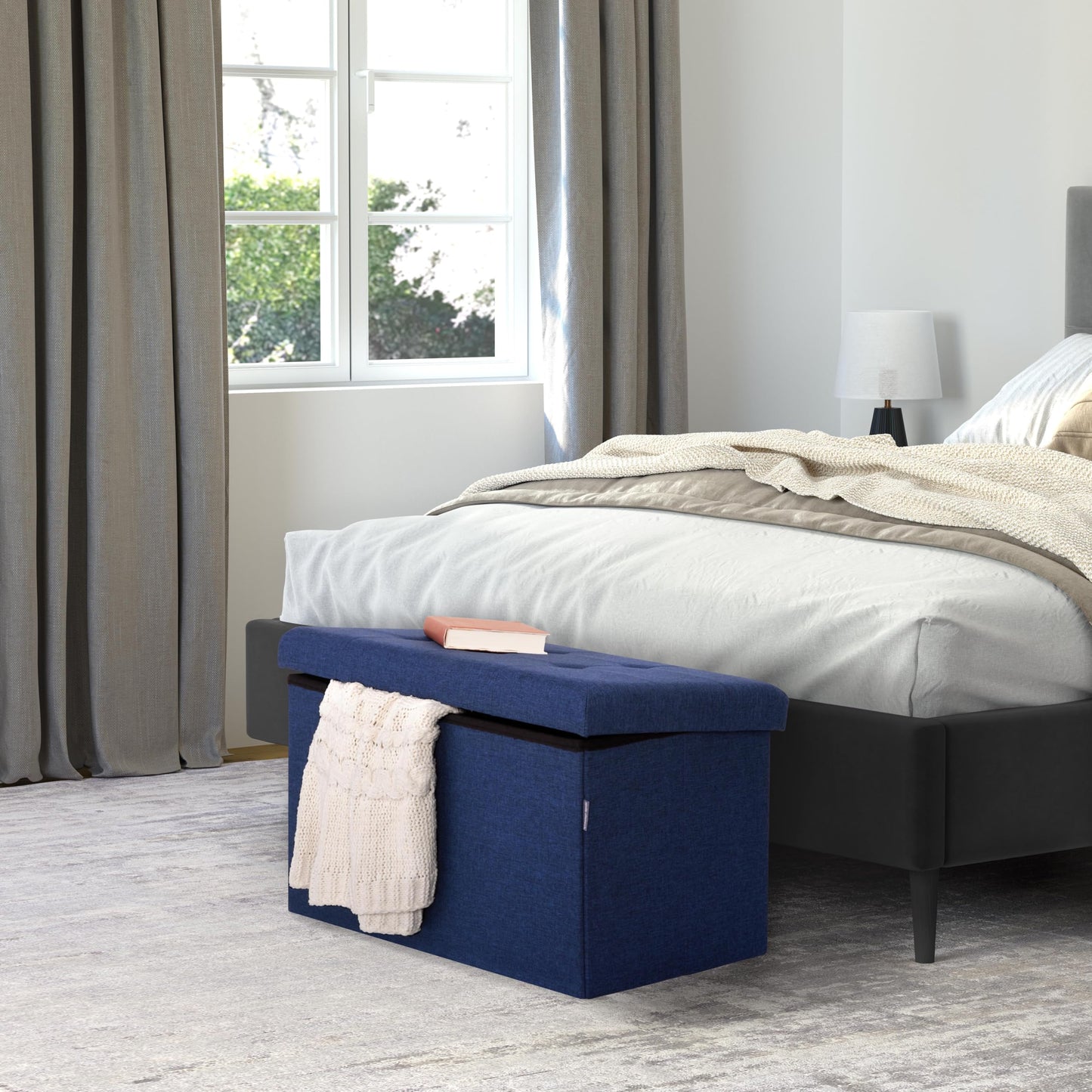 Seville Classics Cushioned Fabric Ottoman Hidden Storage Chest Footrest Chair, Padded Seat for Bedroom, Dorm, Loft, Living Room, Entryway, Hallway, Midnight Blue, 31.5" Bench