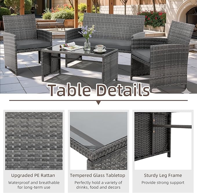 4 Piece Patio Ratten Set Outdoor Furniture Set Wicker Conversation Set