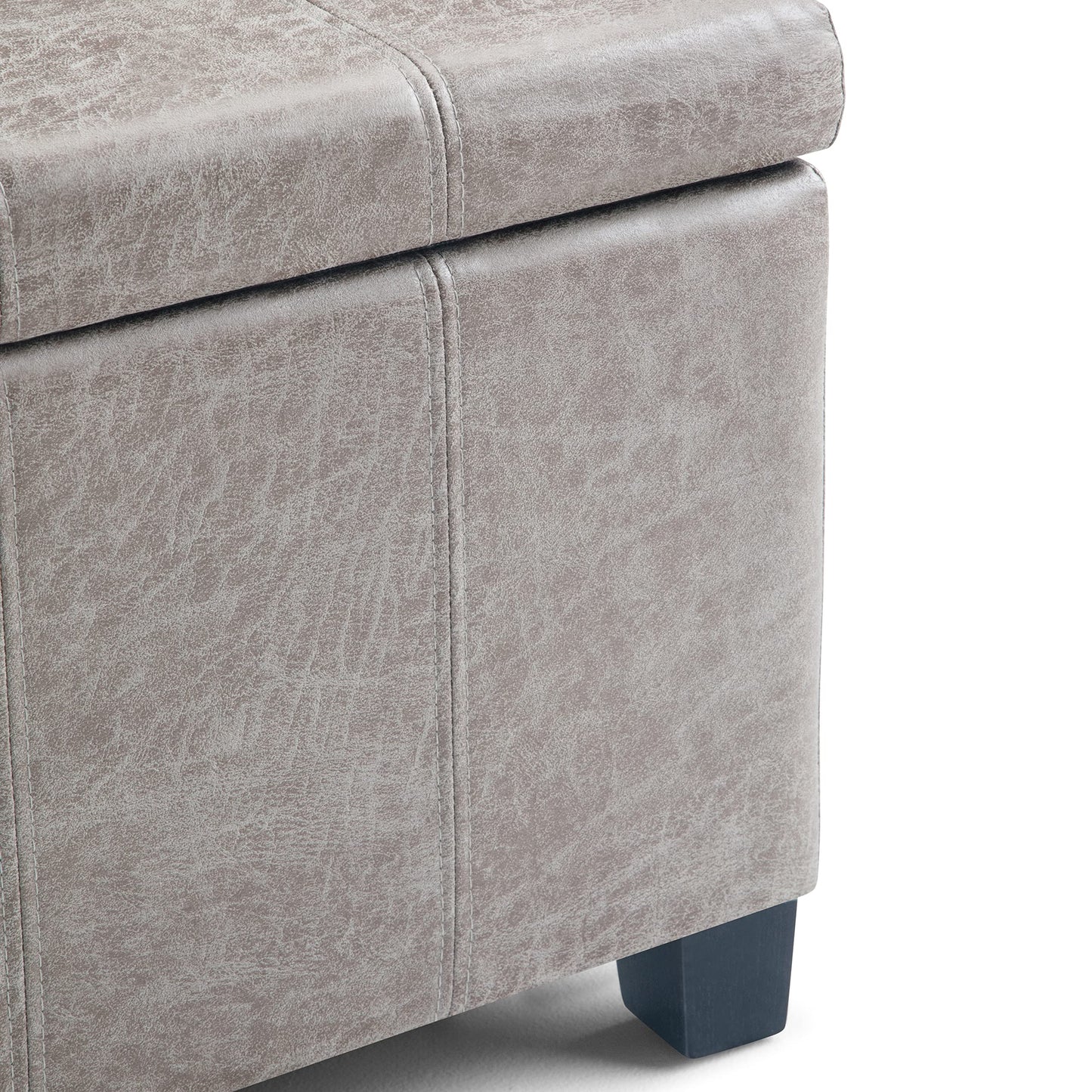 SIMPLIHOME Dover Storage Ottoman Bench - 36 inch Wide Upholstered Vegan Leather Rectangular Lift-Top Ottoman in Distressed Grey Taupe, Contemporary Bench for Living Room with Safety Hinges