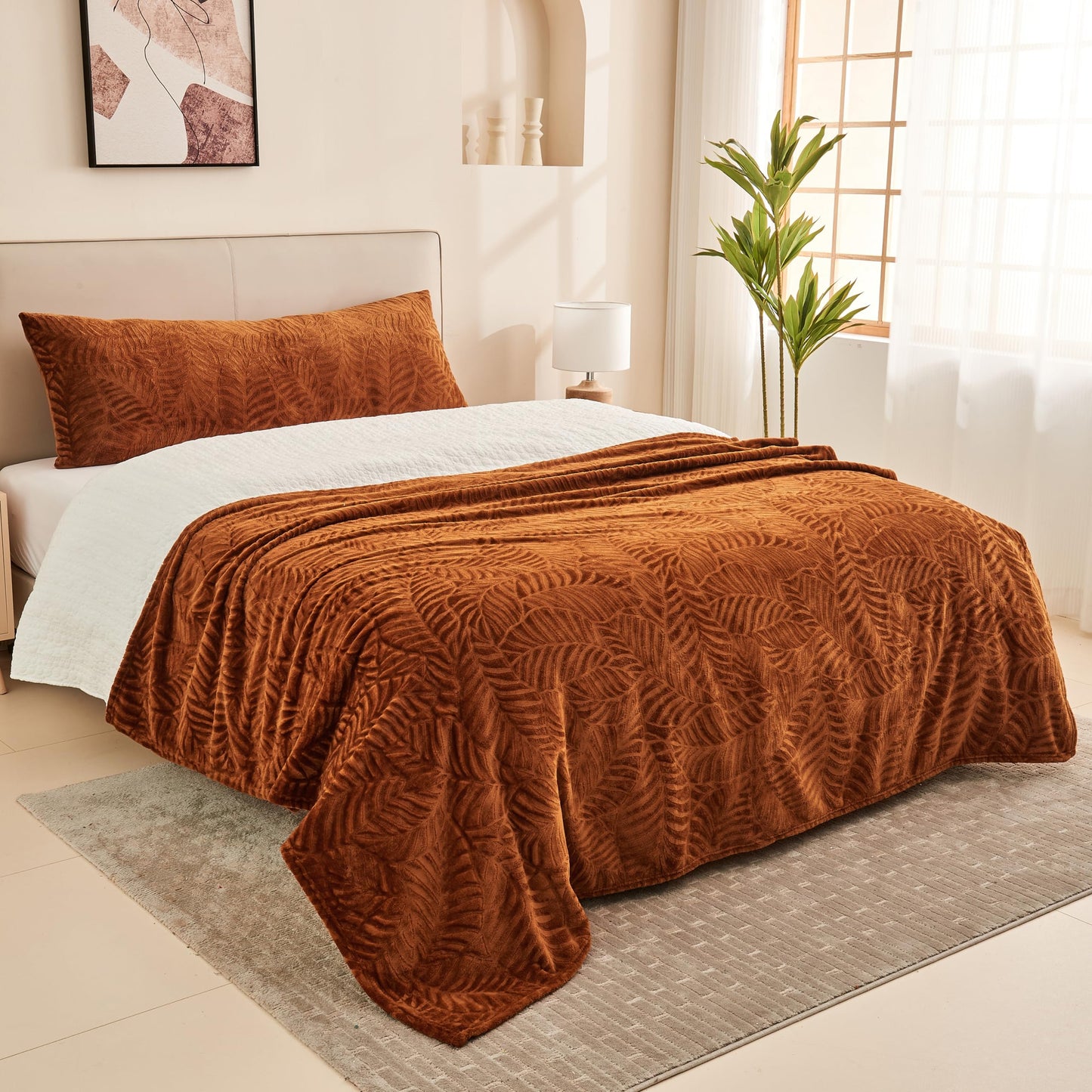 SOCHOW Leaves Textured Fleece Throw Blanket & Throw Pillow Covers & Body Pillow Cover, Caramel